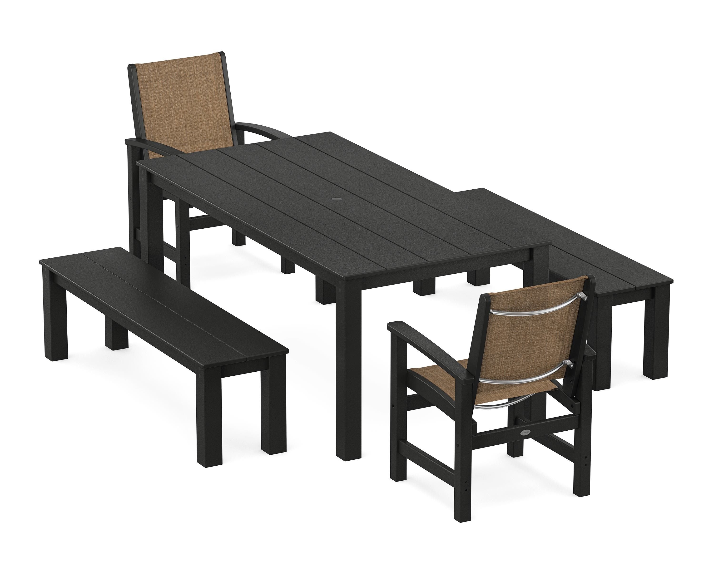 POLYWOOD Coastal 5-Piece Parsons Dining Set with Benches in Black / Burlap Sling