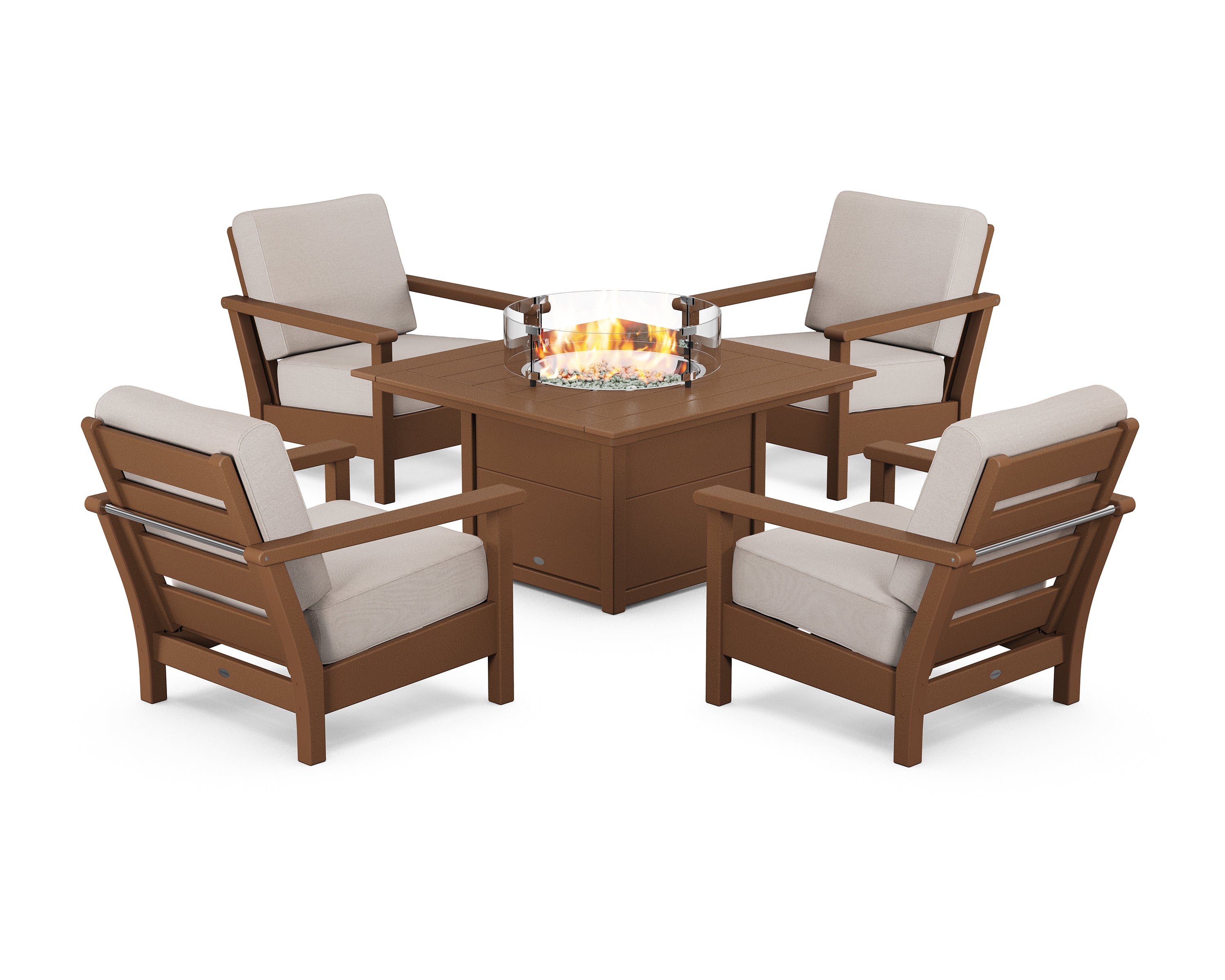 POLYWOOD Harbour 5-Piece Conversation Set with Fire Pit Table in Teak / Dune Burlap