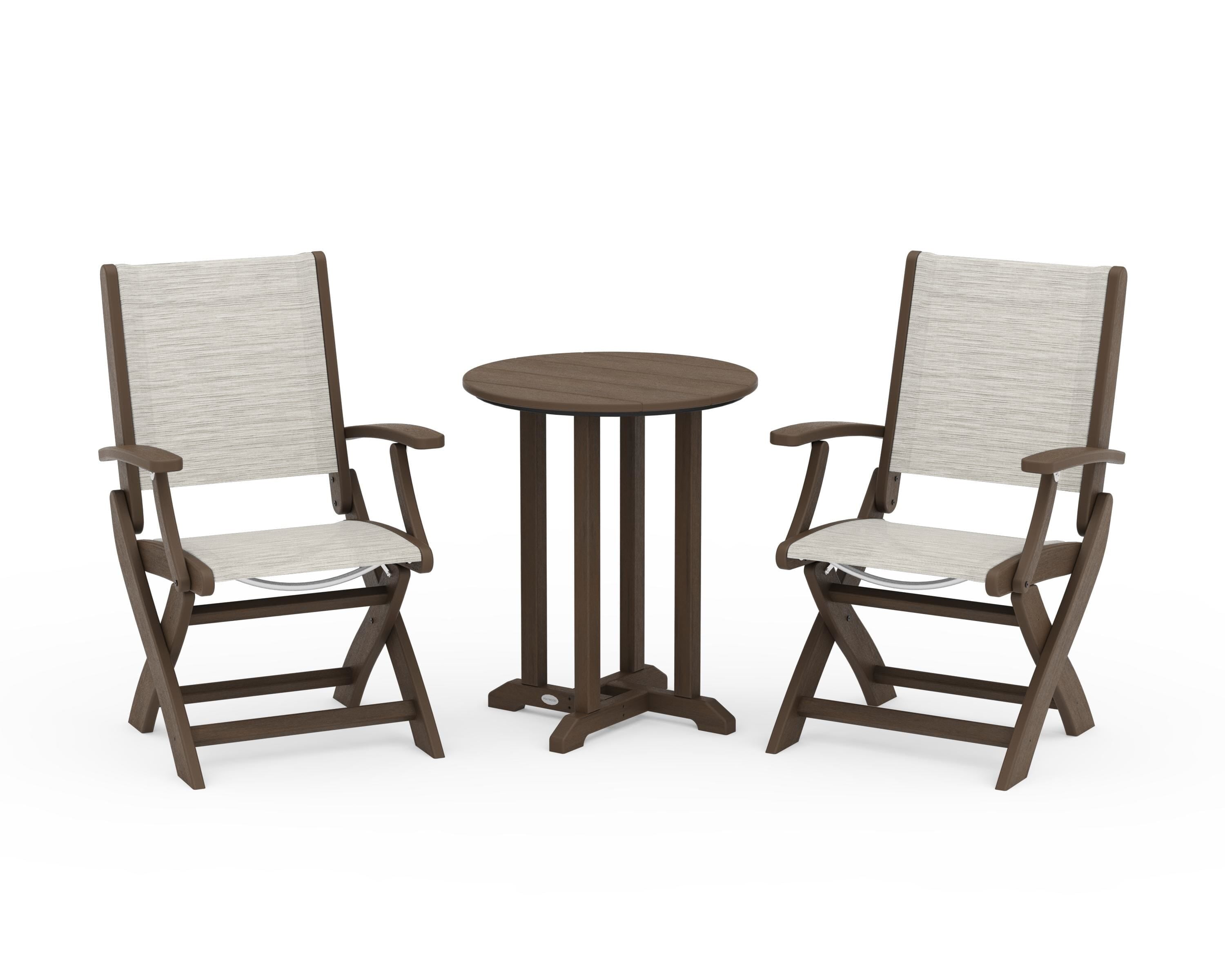 POLYWOOD Coastal Folding 3-Piece Round Bistro Dining Set in Kona / Birch Sling
