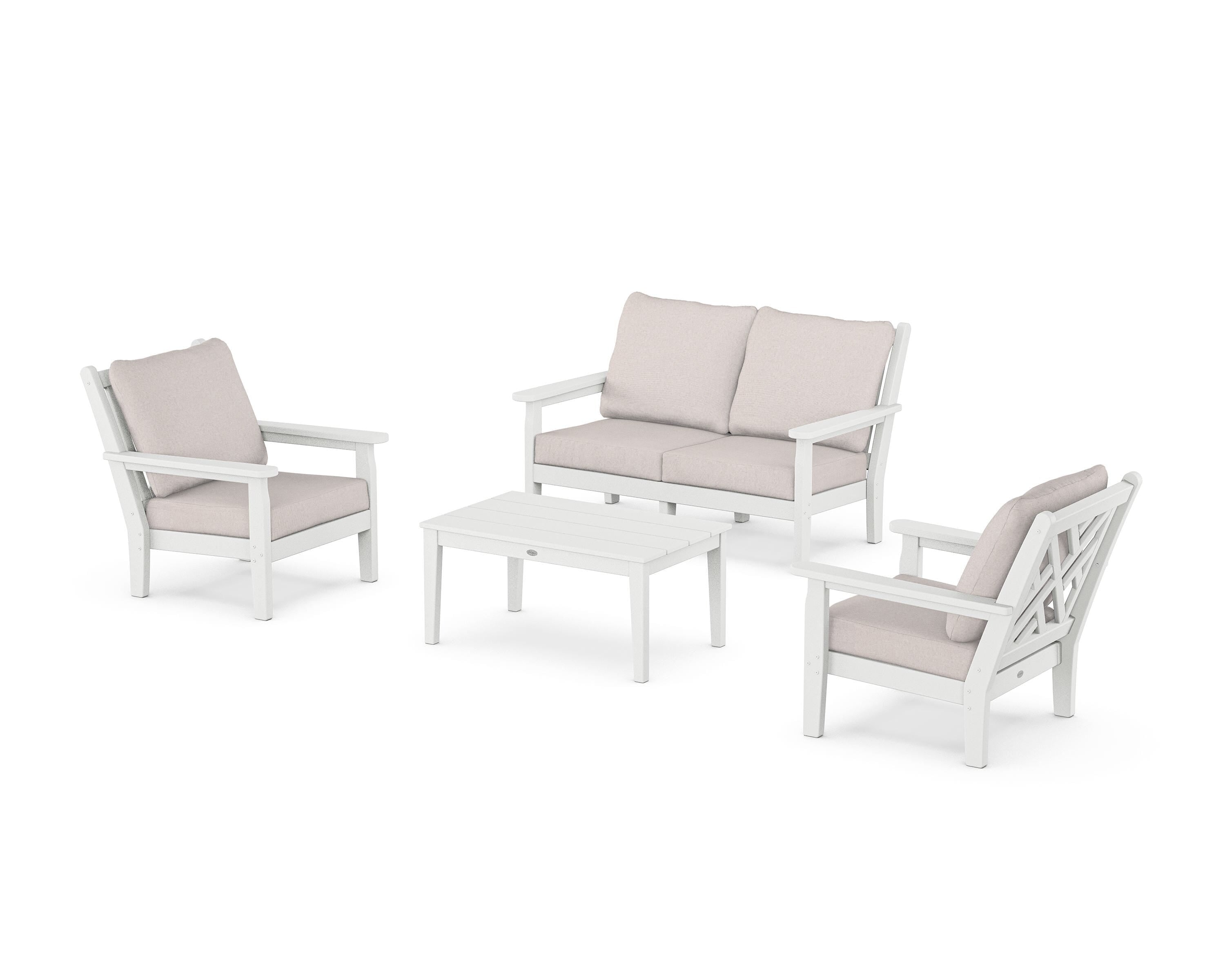 POLYWOOD Chippendale 4-Piece Deep Seating Set with Loveseat in White / Dune Burlap