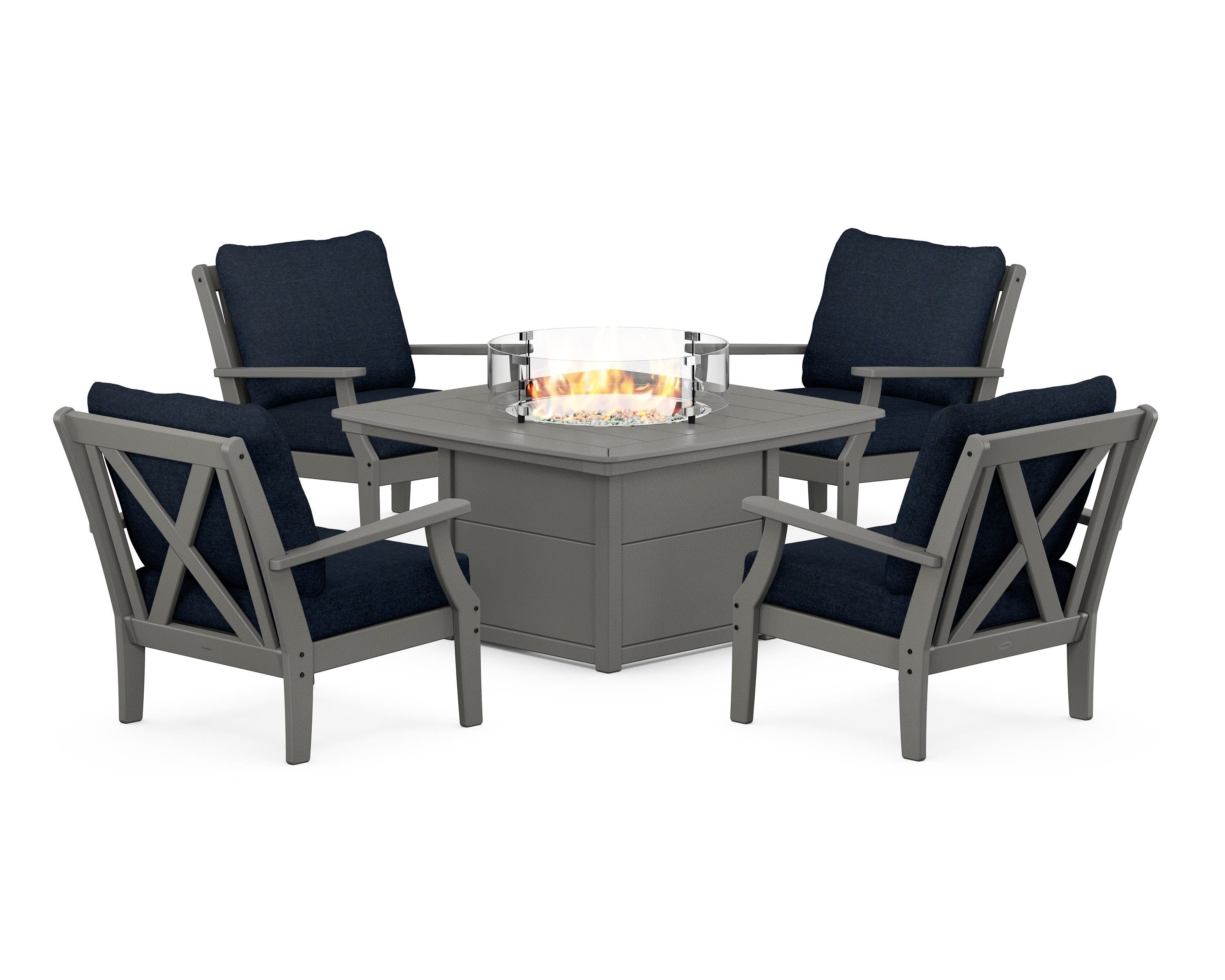 POLYWOOD Braxton 5-Piece Deep Seating Conversation Set with Fire Pit Table in Slate Grey / Marine Indigo