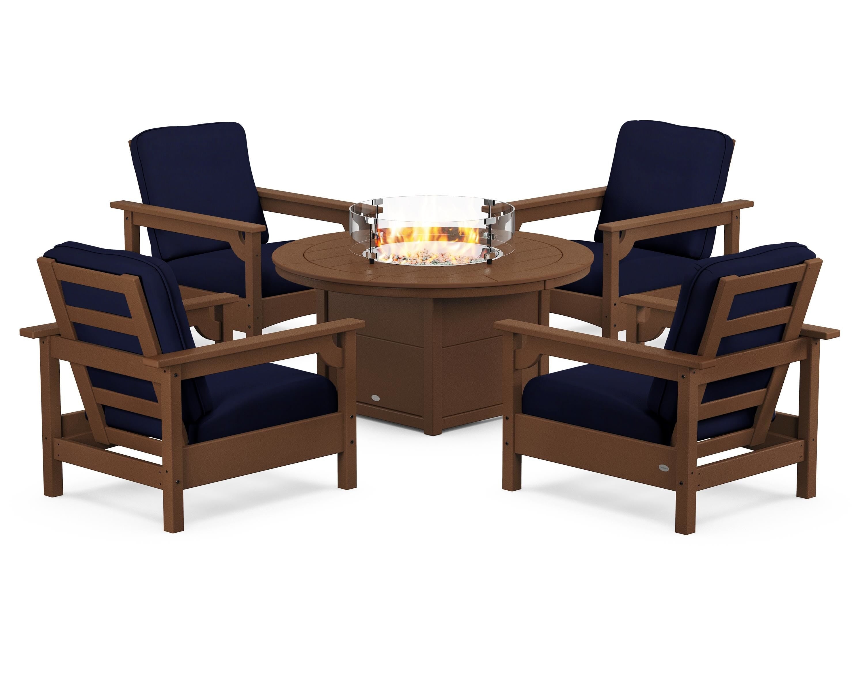 POLYWOOD Club 5-Piece Conversation Set with Fire Pit Table in Teak / Navy