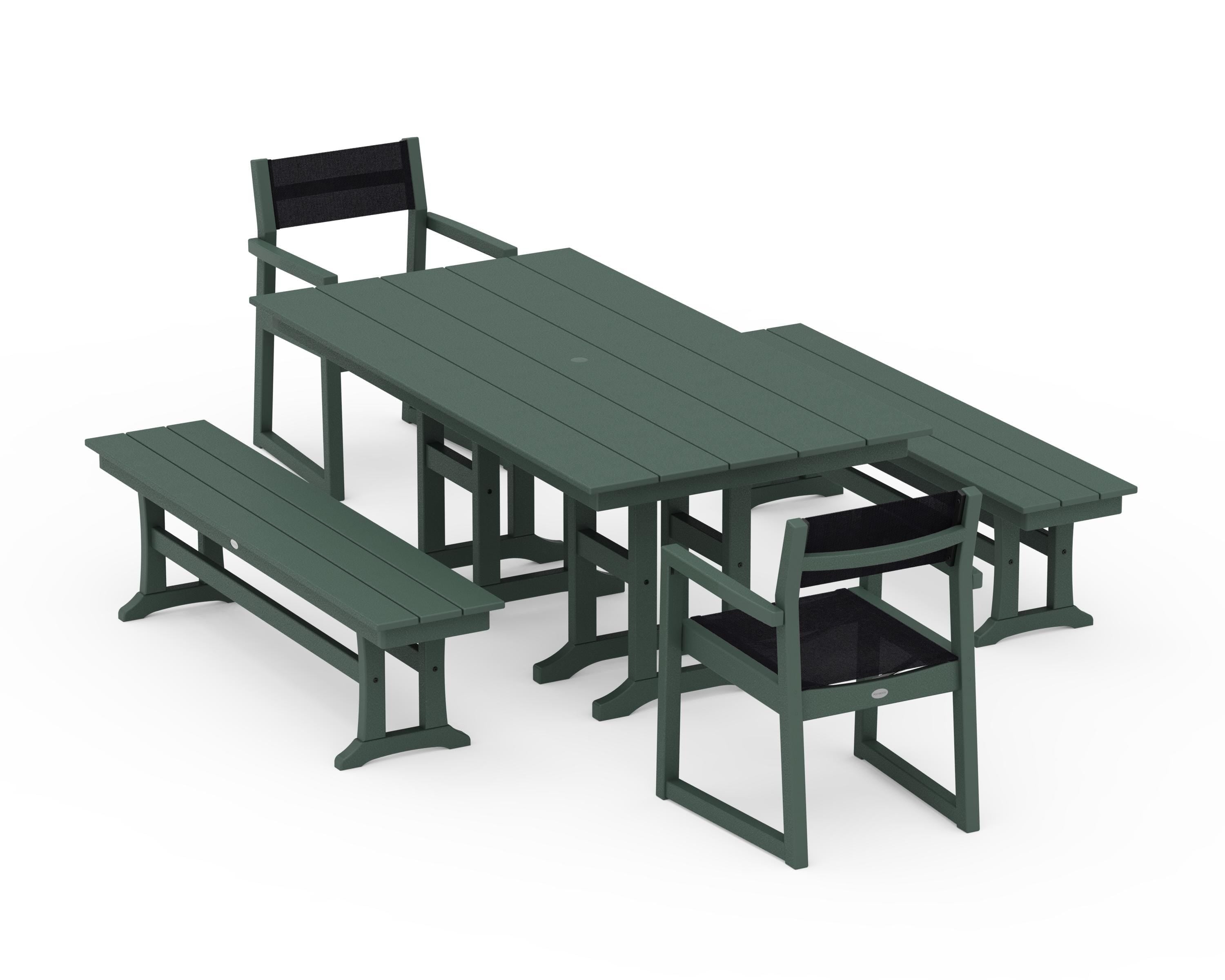 POLYWOOD EDGE Sling Arm Chair 5-Piece Farmhouse Dining Set with Benches in Green / Black Sling