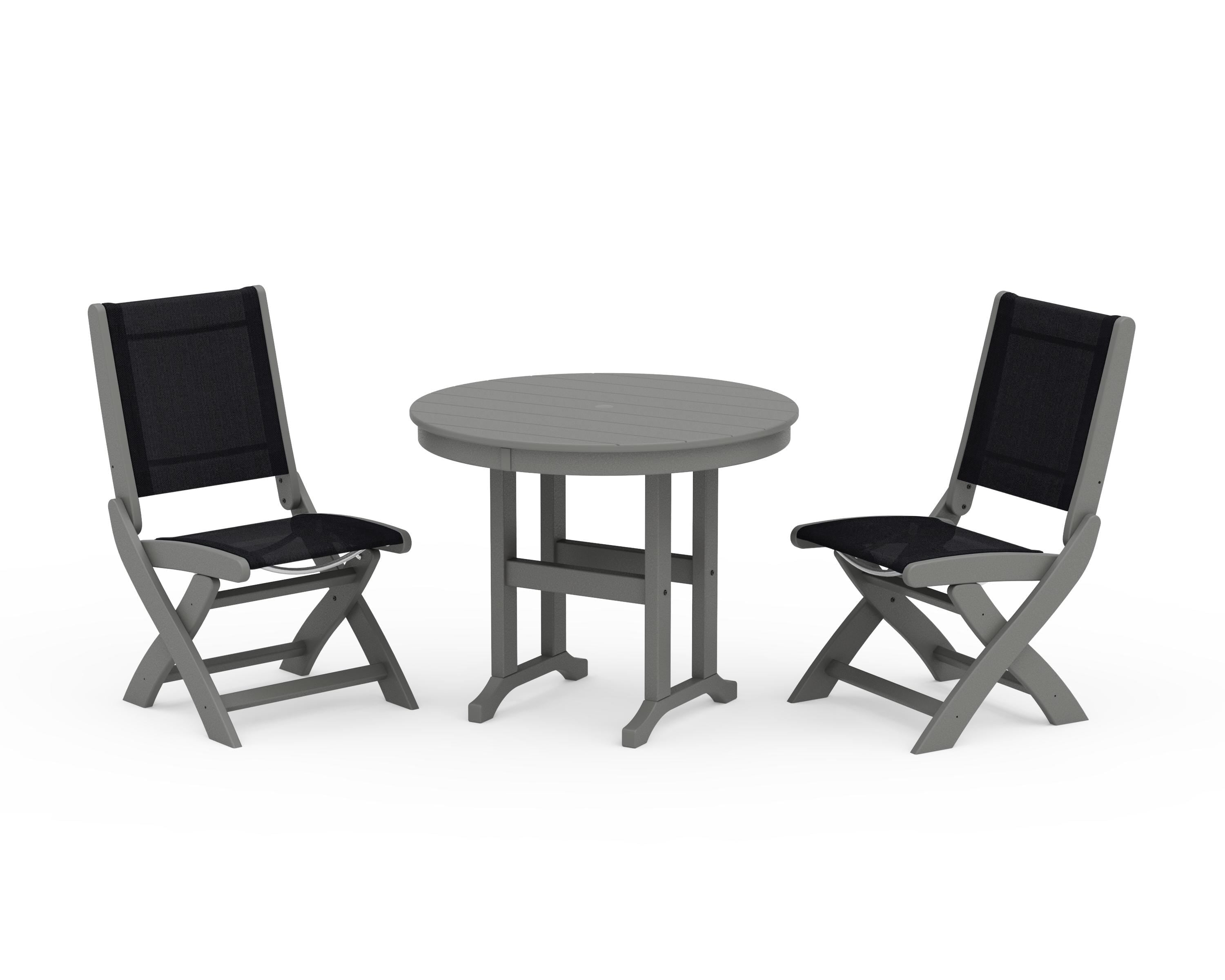 POLYWOOD Coastal Folding Side Chair 3-Piece Round Dining Set in Slate Grey / Black Sling