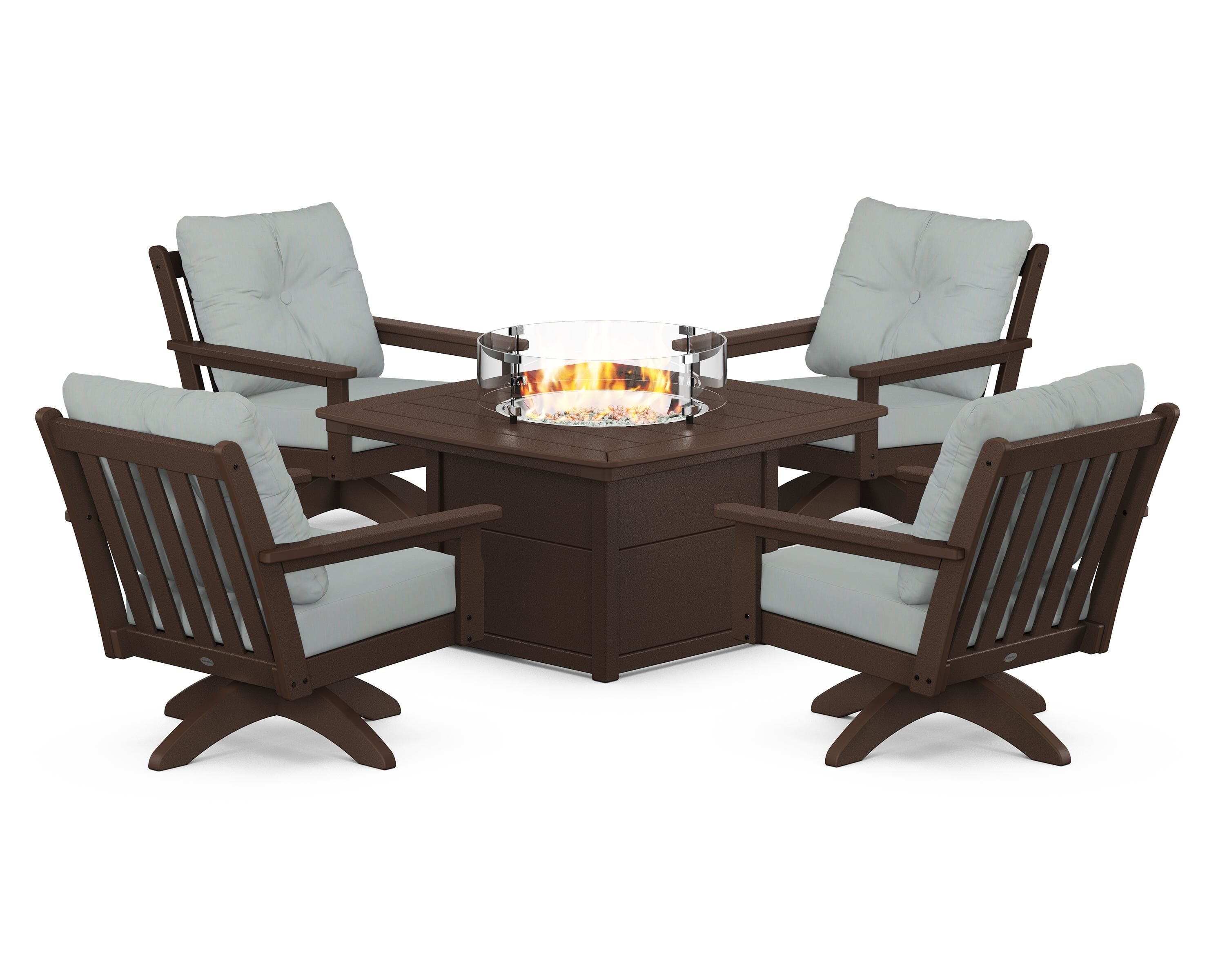 POLYWOOD Vineyard 5-Piece Deep Seating Swivel Conversation Set with Fire Pit Table in Mahogany / Spa