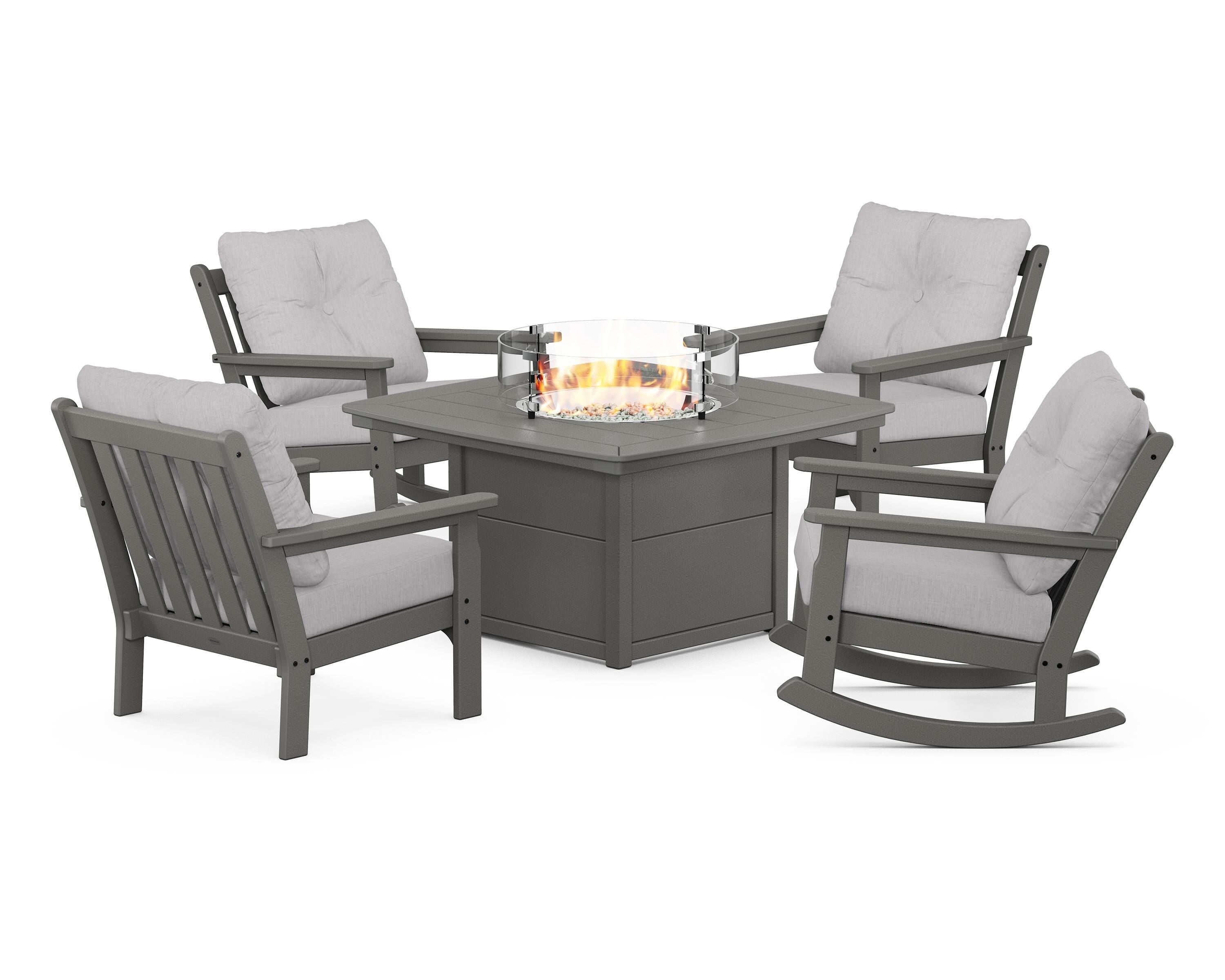 POLYWOOD Vineyard 5-Piece Deep Seating Rocking Chair Conversation Set with Fire Pit Table in Slate Grey / Granite