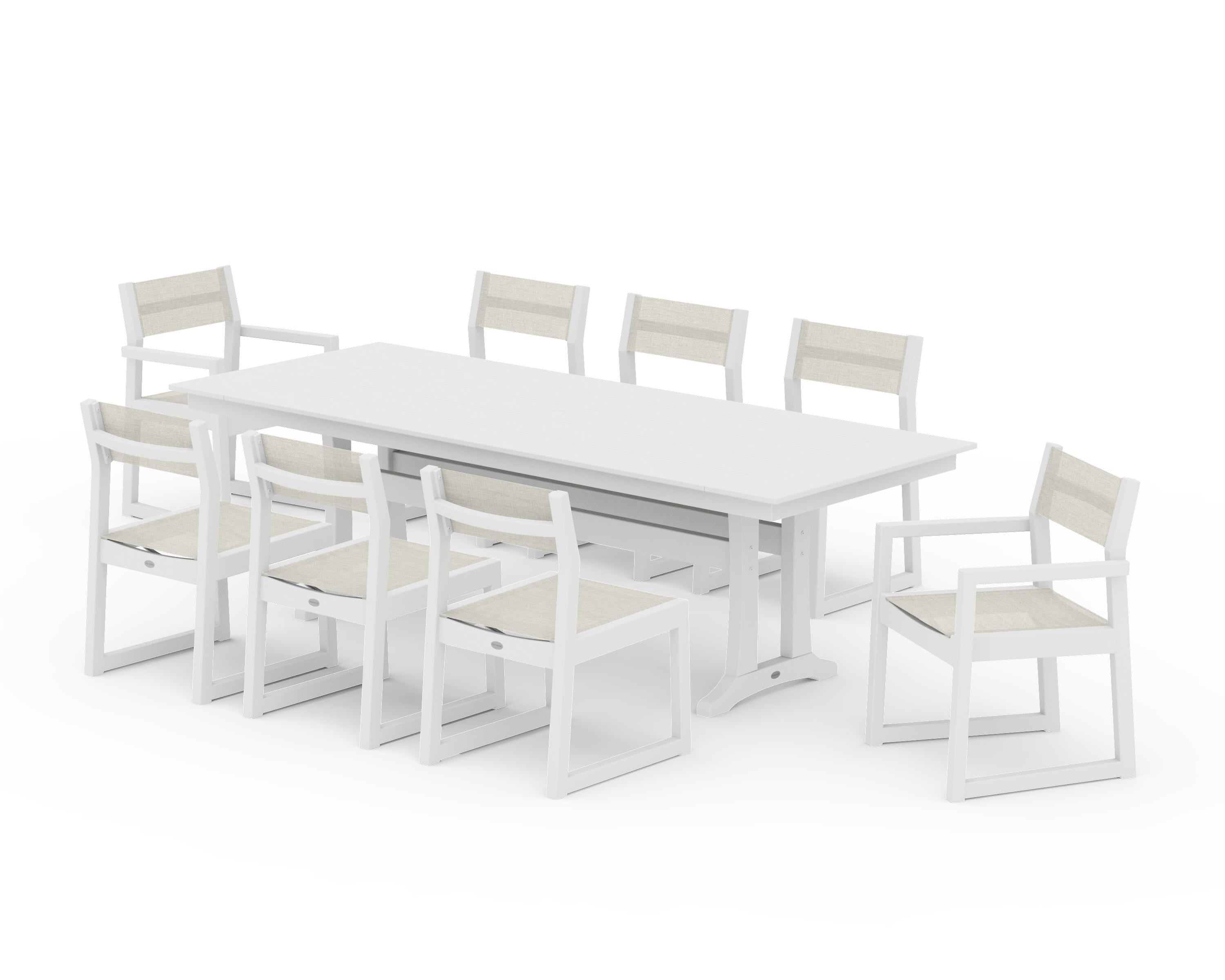POLYWOOD EDGE Sling 9-Piece Farmhouse Trestle Dining Set in White / Parchment Sling
