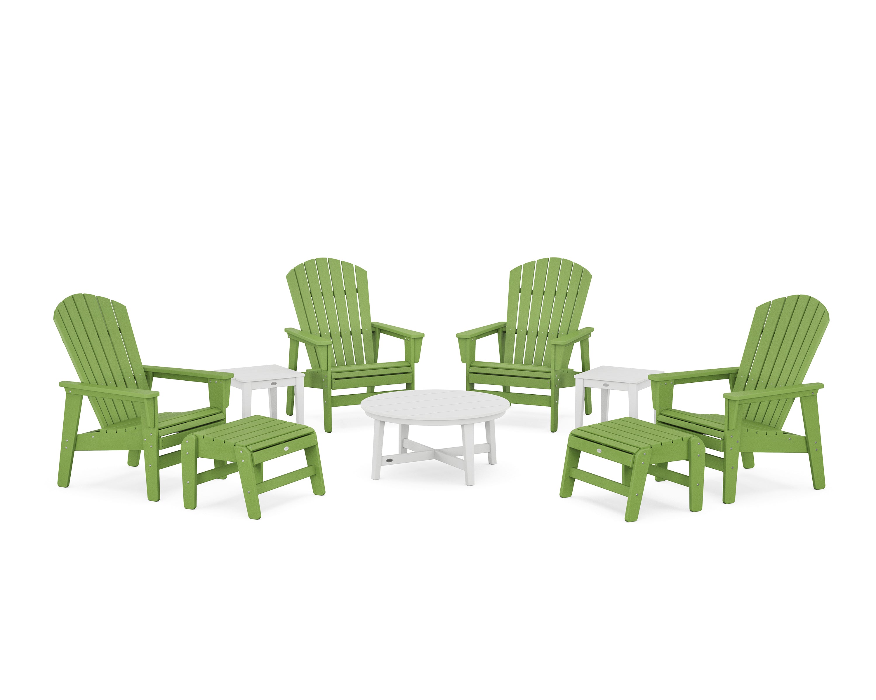 POLYWOOD® Nautical Grand Upright Adirondack 9-Piece Conversation Set in Lime / White
