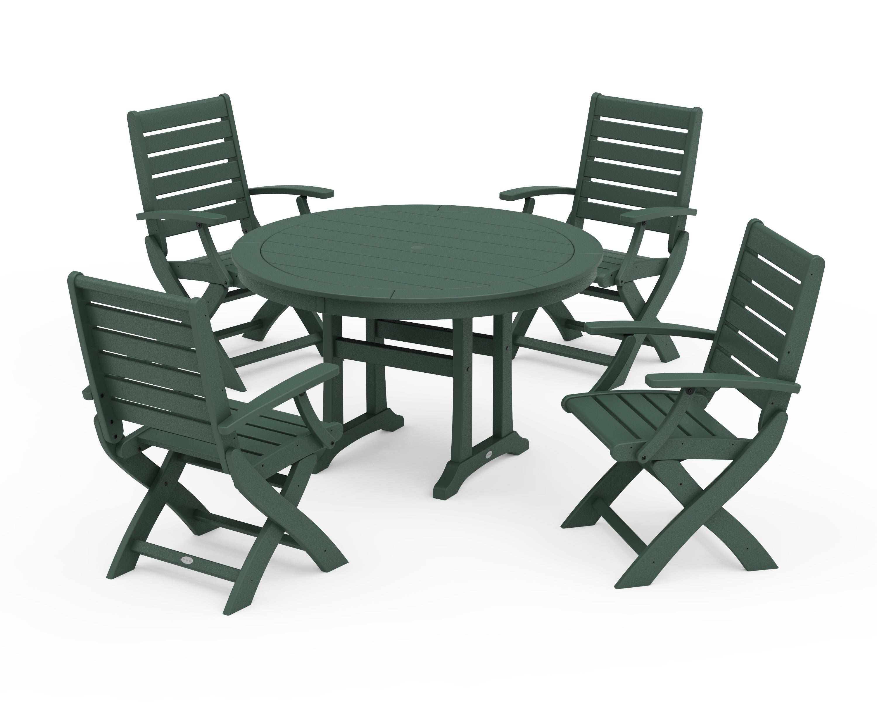 POLYWOOD Signature Folding Chair 5-Piece Round Dining Set with Trestle Legs in Green