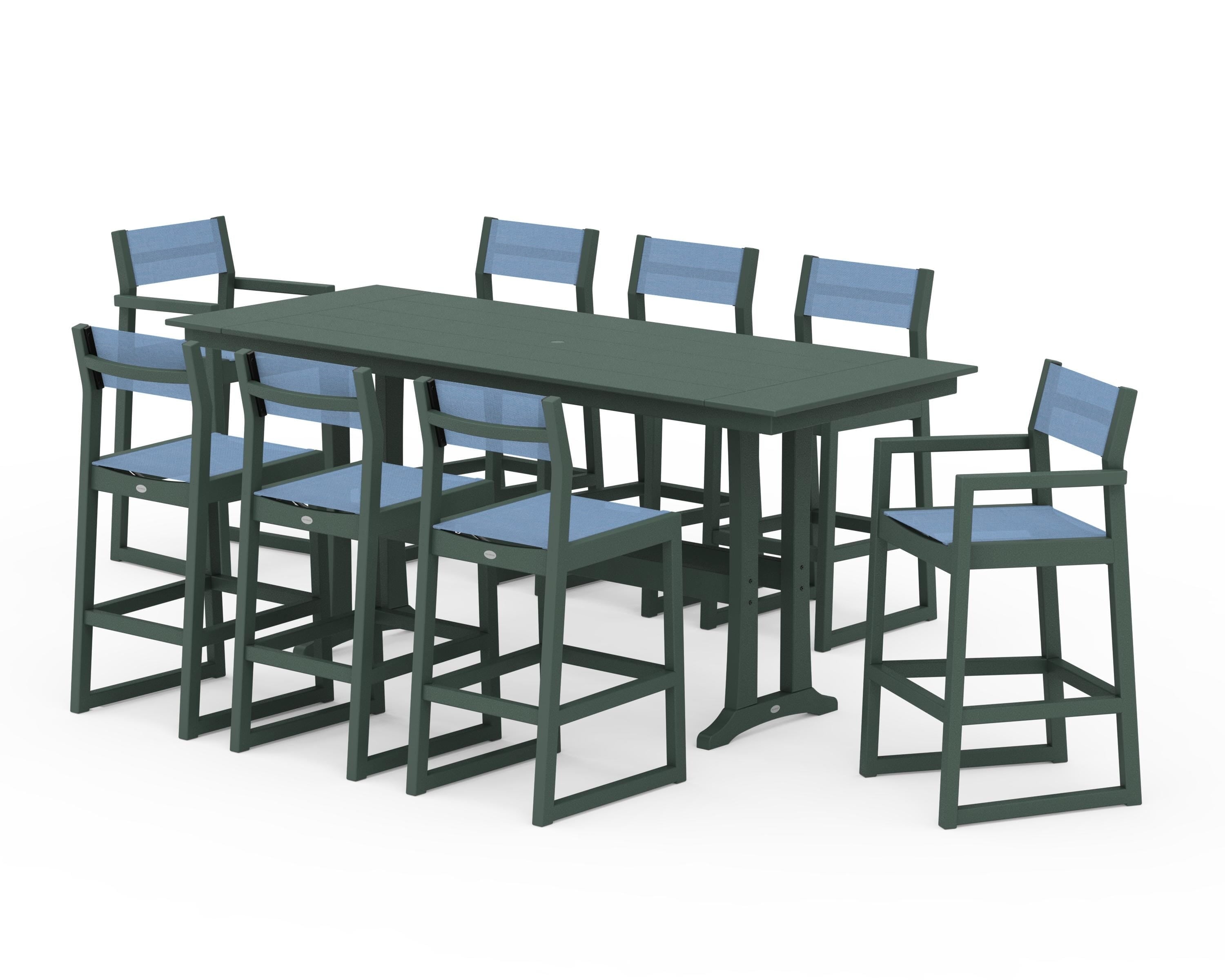 POLYWOOD EDGE Sling 9-Piece Farmhouse Bar Set with Trestle Legs in Green / Poolside Sling