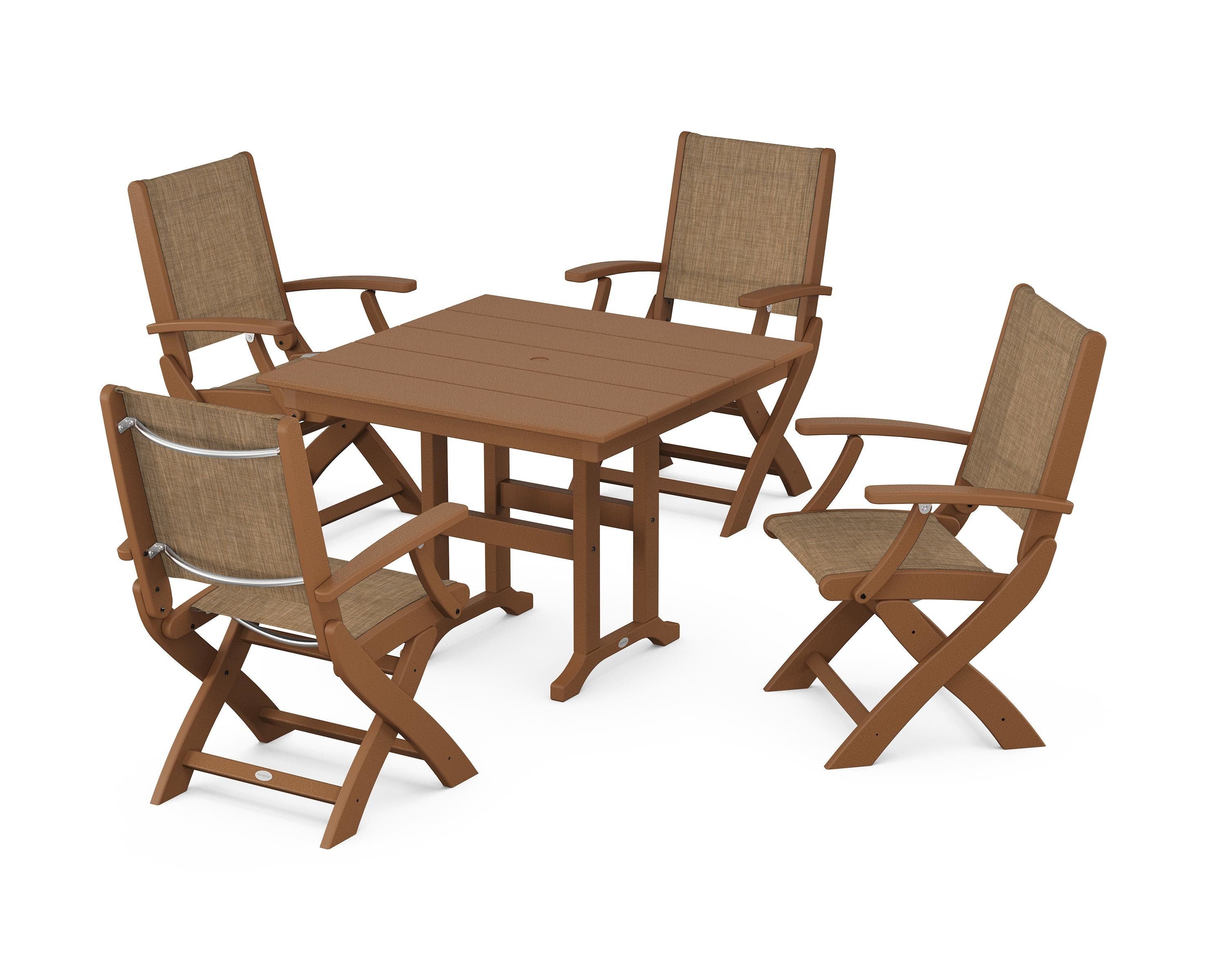 POLYWOOD Coastal Folding Chair 5-Piece Farmhouse Dining Set in Teak / Burlap Sling