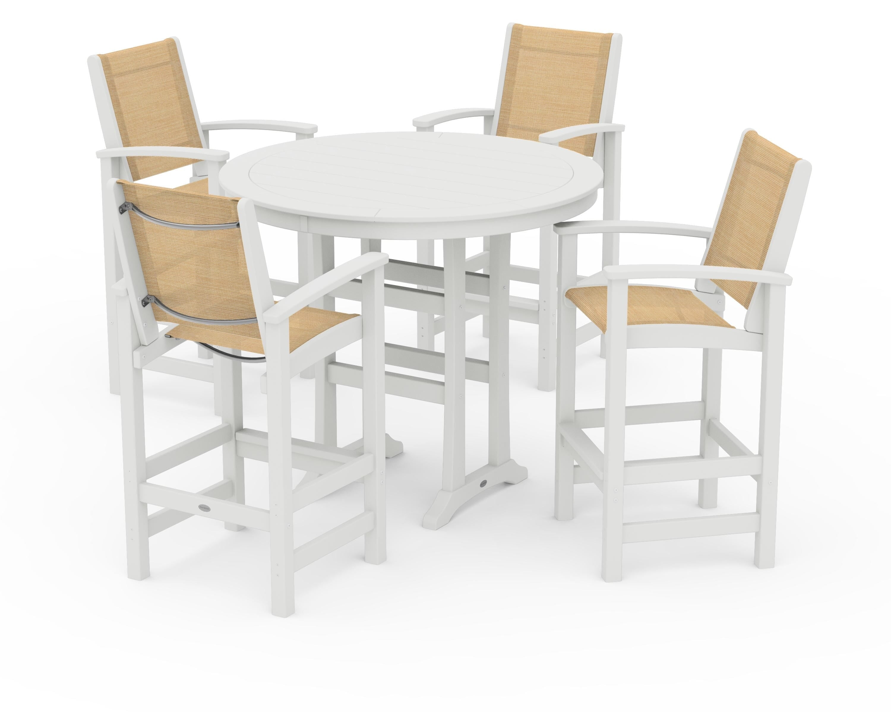 POLYWOOD Coastal 5-Piece Nautical Trestle Bar Set in Vintage White / Dupioni Apricot Sling