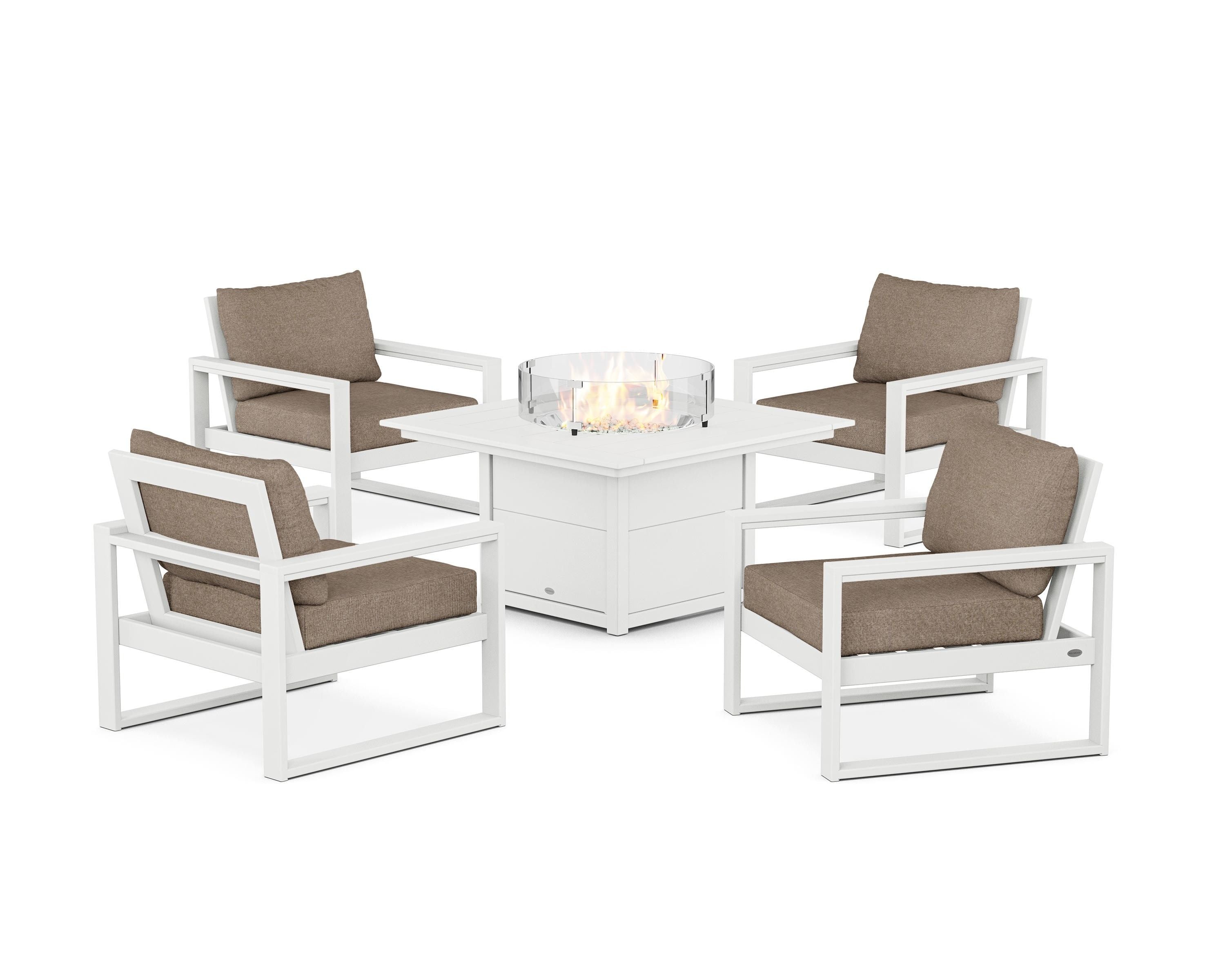 POLYWOOD EDGE Sectional 5-Piece Deep Seating Set with Fire Pit Table in White / Spiced Burlap