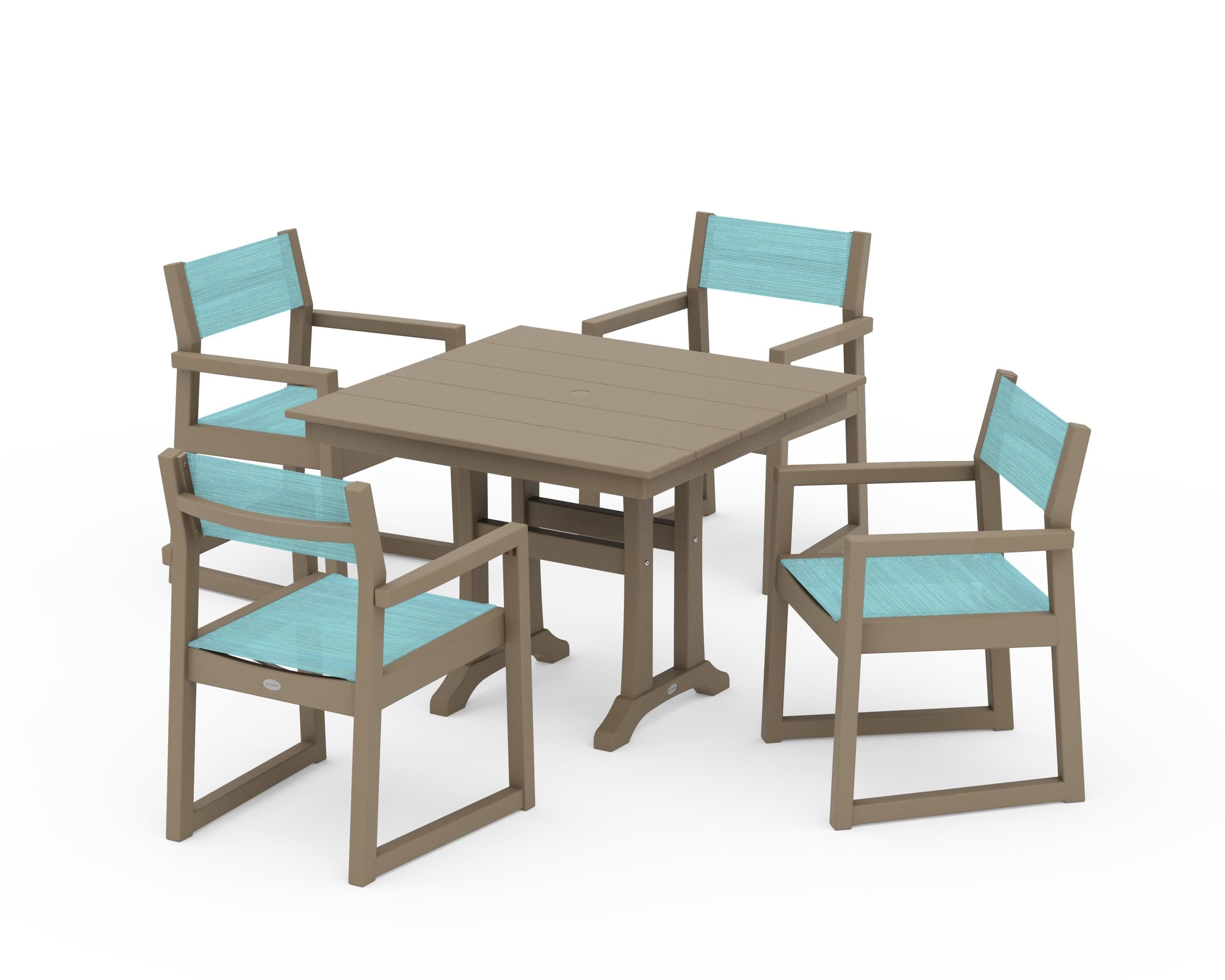 POLYWOOD EDGE Sling 5-Piece Farmhouse Dining Set with Trestle Legs in Vintage Sahara / Dupioni Aquamarine Sling