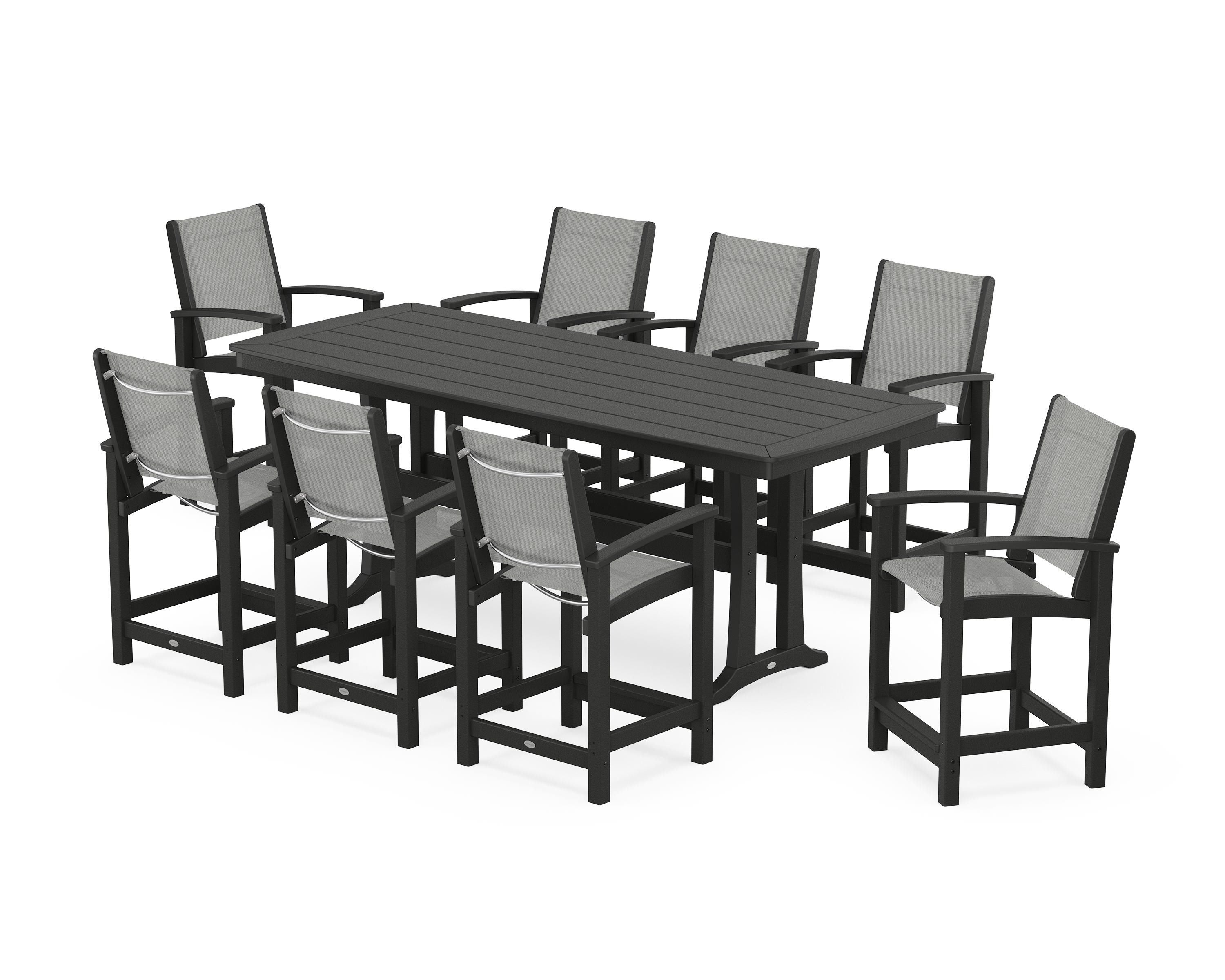 POLYWOOD Coastal 9-Piece Counter Set with Trestle Legs in Black / Metallic Sling