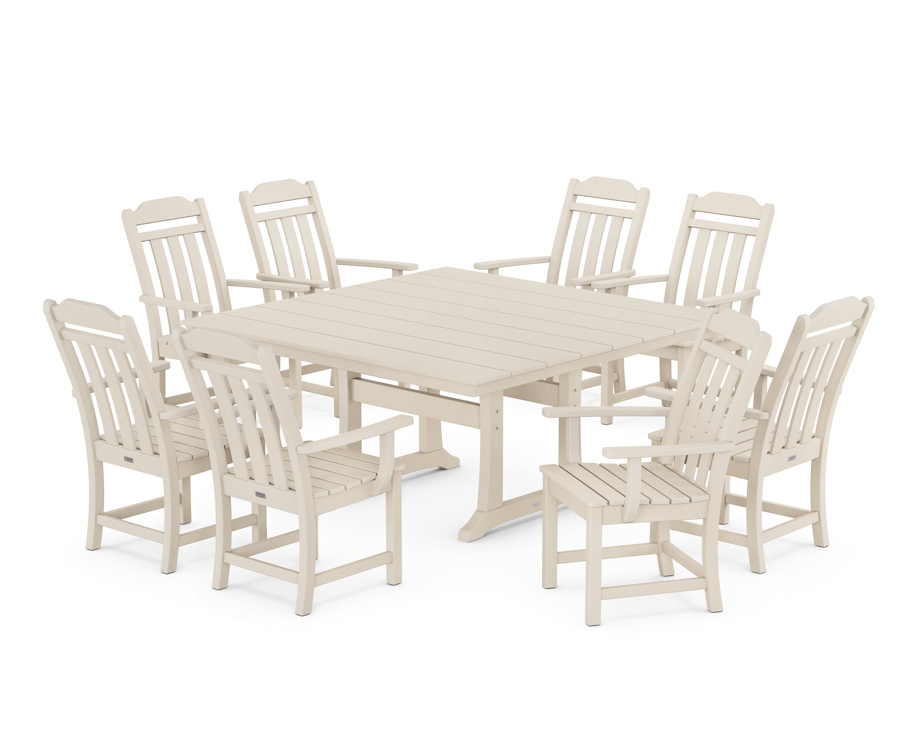 Polywood Country Living 9-Piece Square Farmhouse Dining Set with Trestle Legs in Sand
