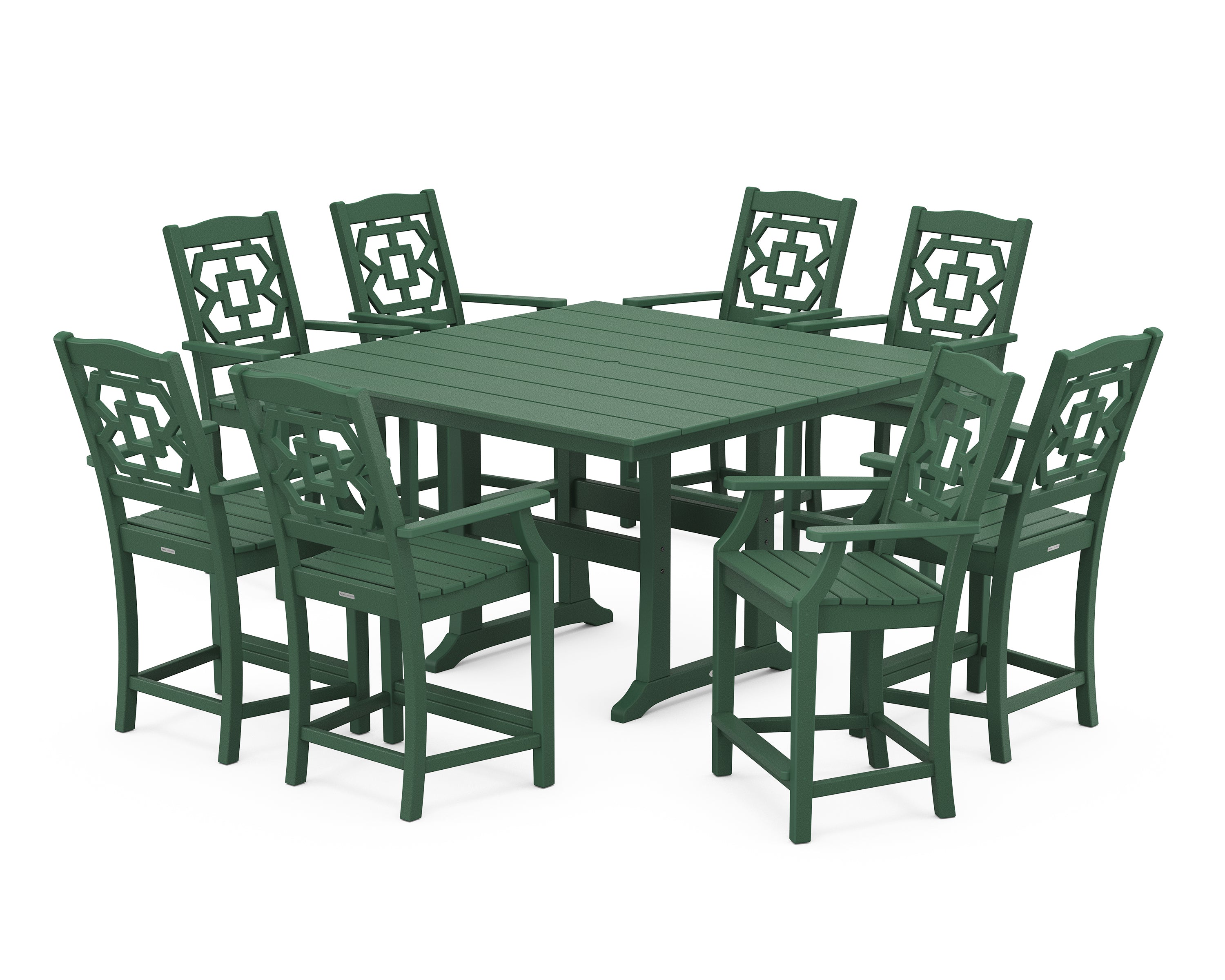Martha Stewart by POLYWOOD® Chinoiserie 9-Piece Square Farmhouse Counter Set with Trestle Legs in Green