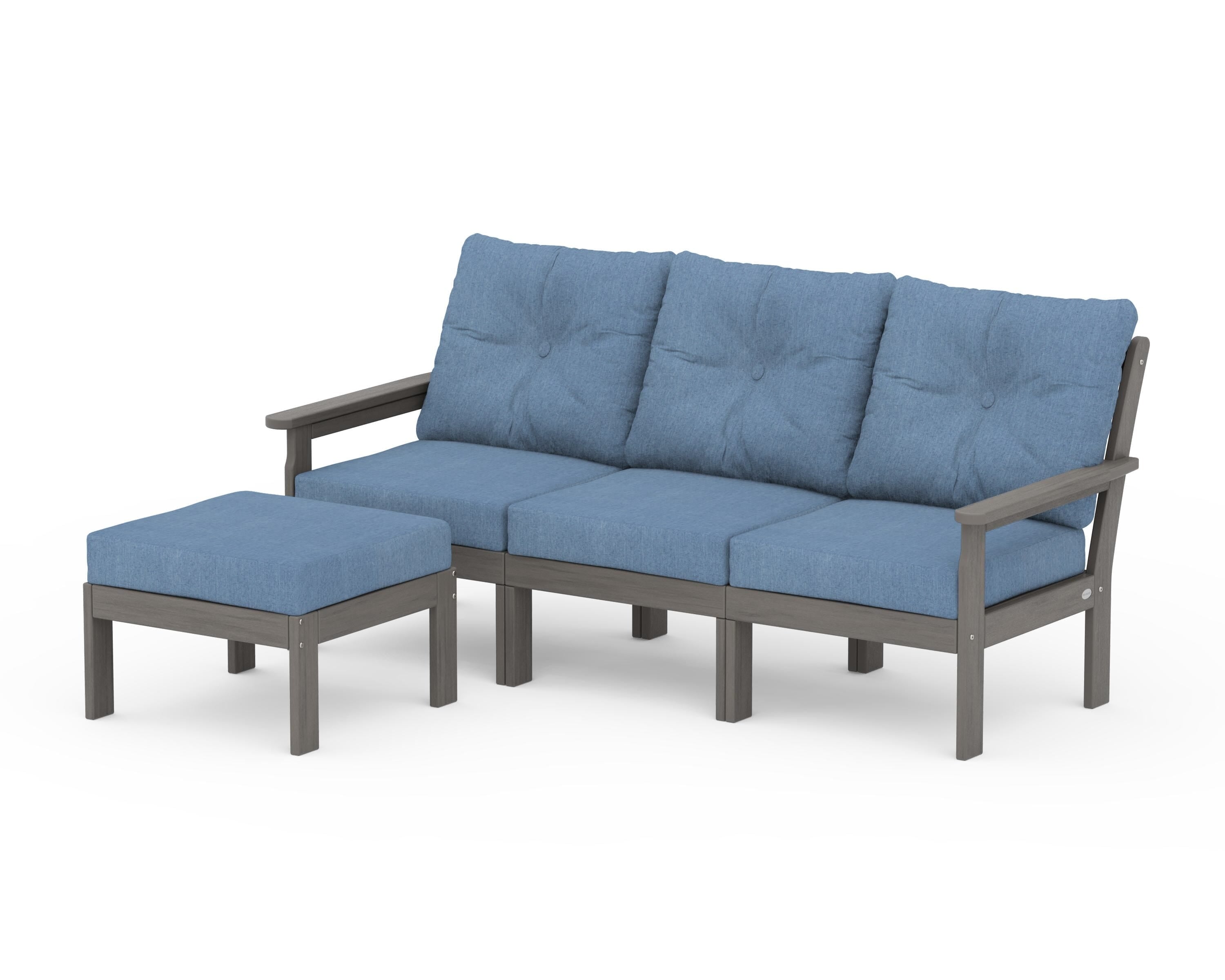 POLYWOOD Vineyard 4-Piece Sectional with Ottoman in Driftwood / Sky Blue