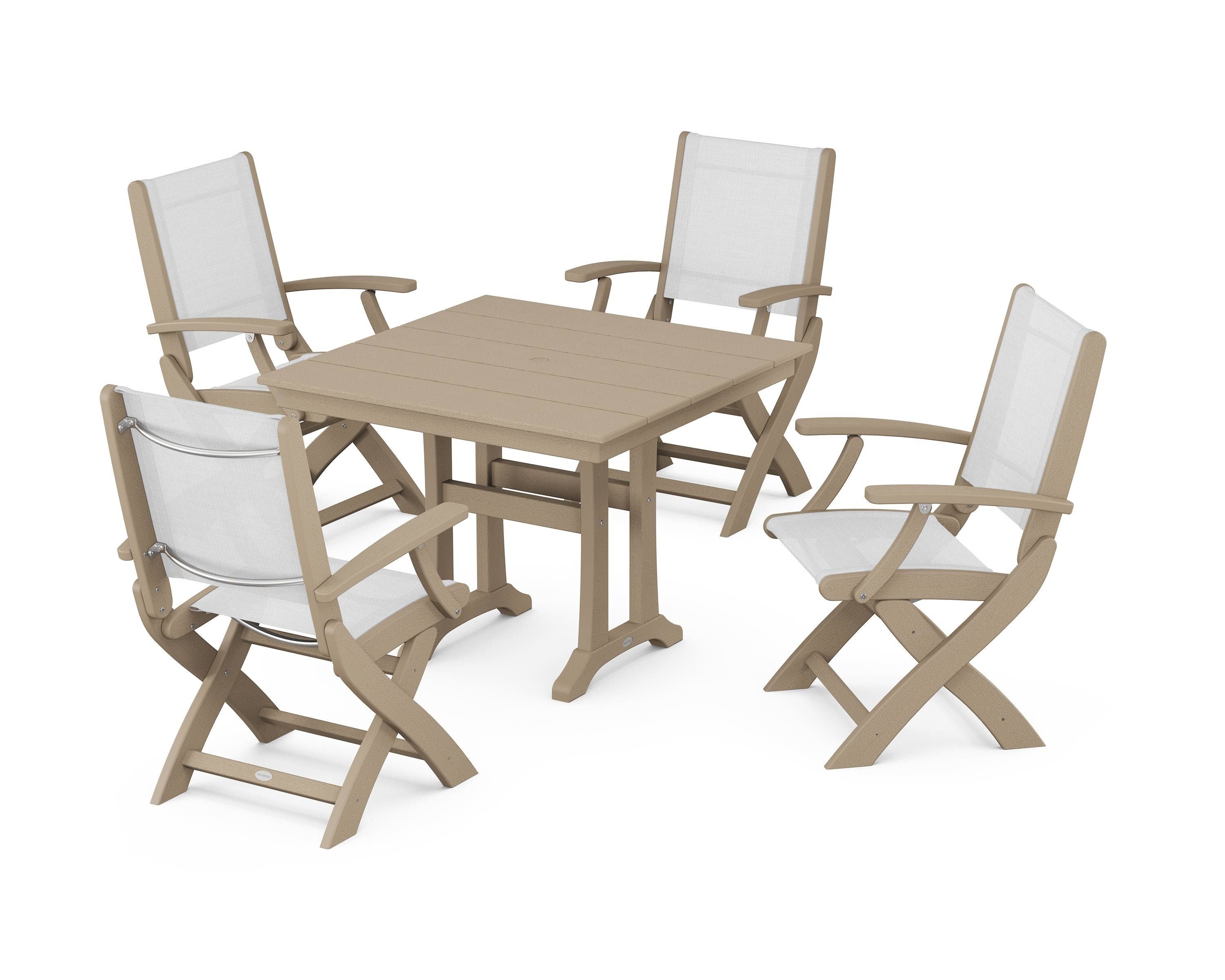 POLYWOOD Coastal Folding Chair 5-Piece Farmhouse Dining Set With Trestle Legs in Vintage Sahara / White Sling