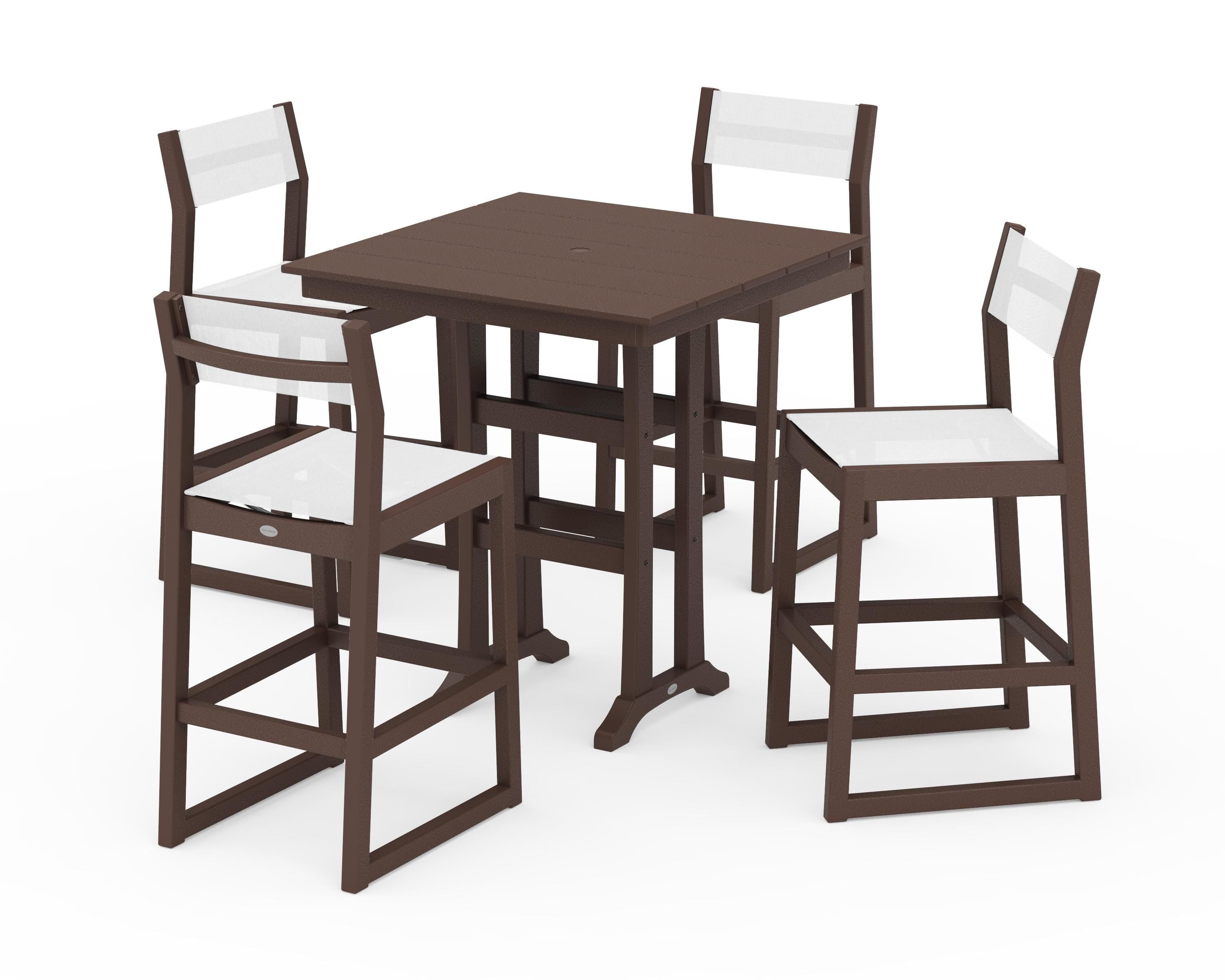 POLYWOOD EDGE Sling Arm Chair 5-Piece Farmhouse Bar Set with Trestle Legs in Mahogany / White Sling