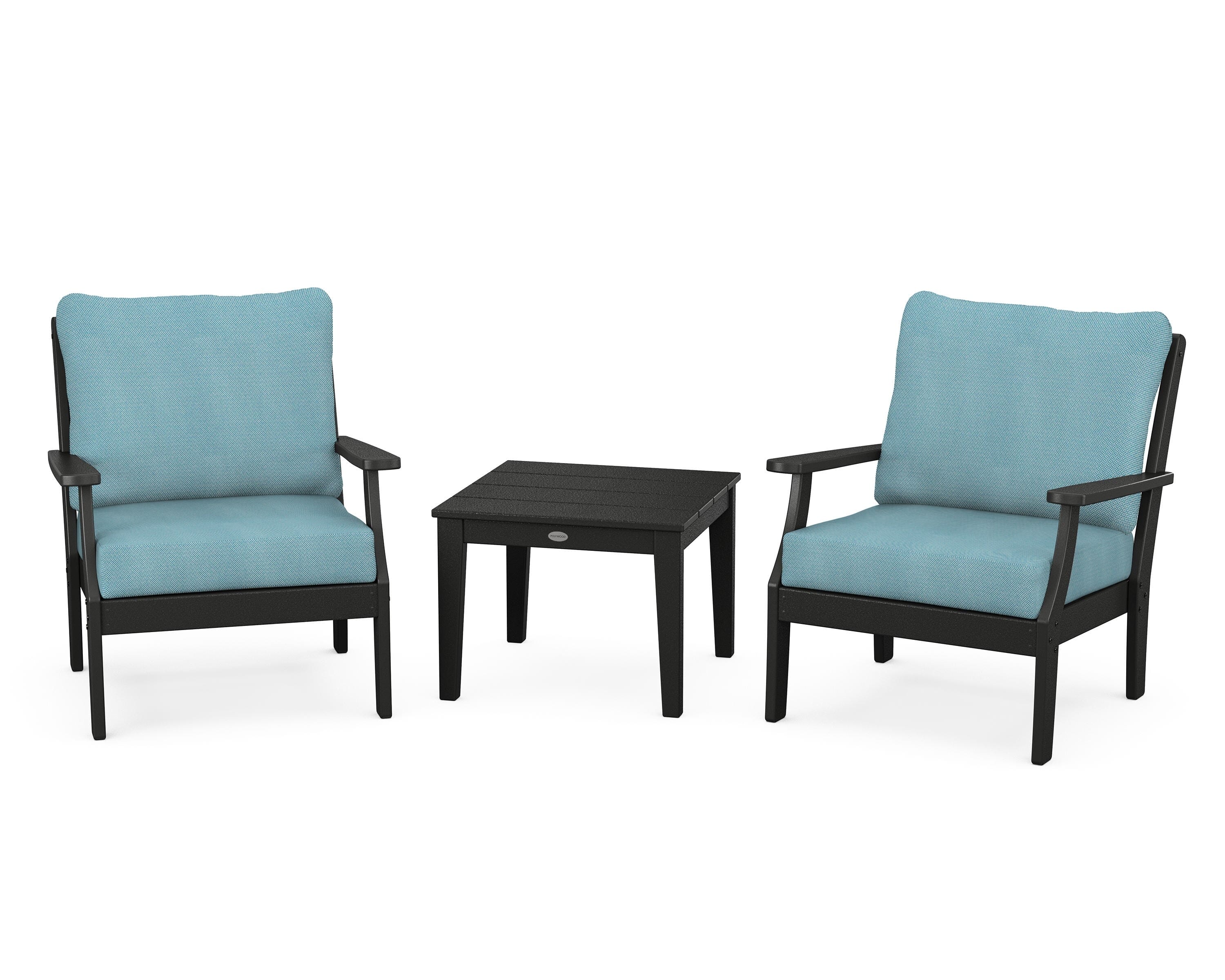 POLYWOOD Braxton 3-Piece Deep Seating Set in Black / Lattice Sky Blue