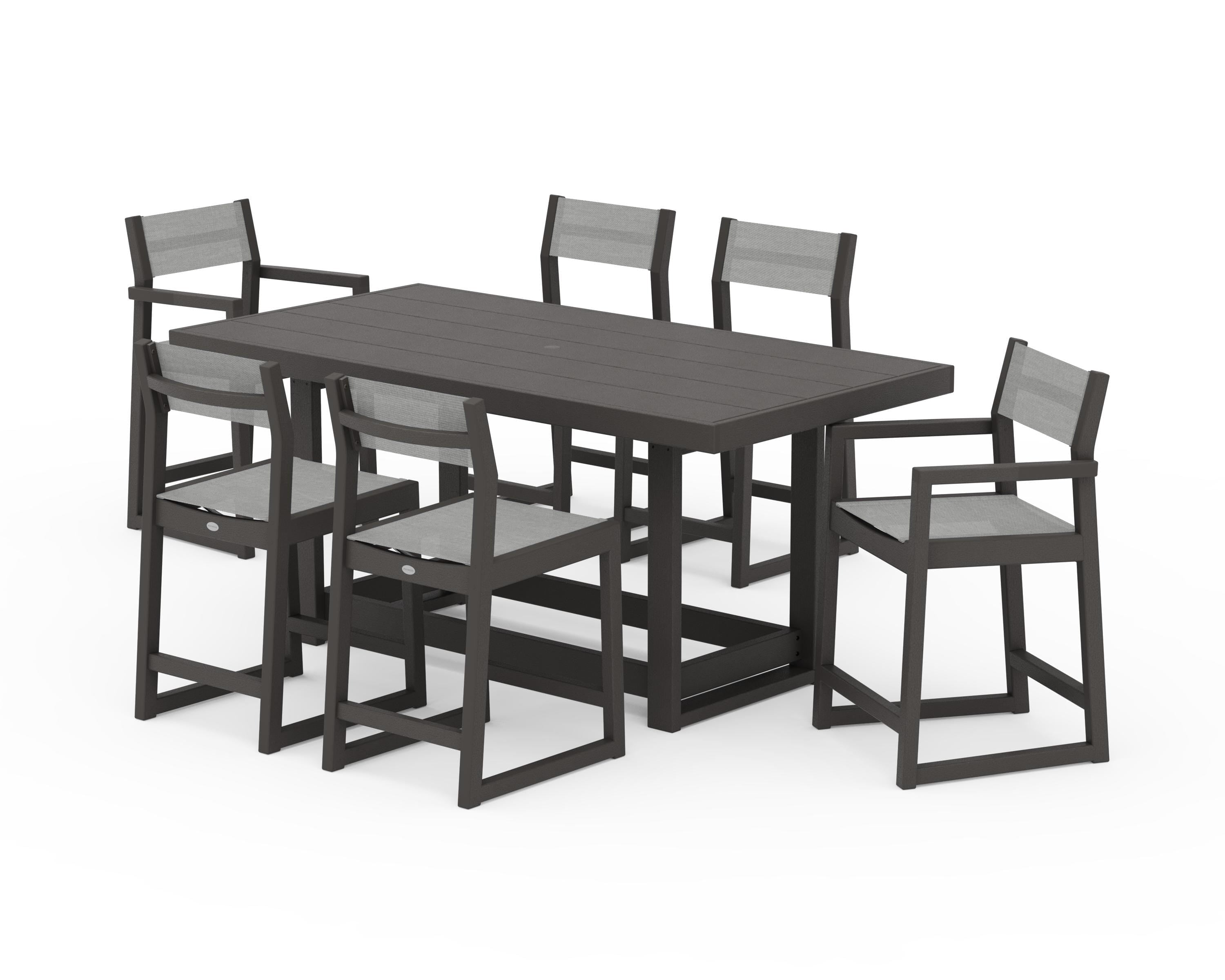 POLYWOOD EDGE Sling 7-Piece Counter Table Set in Vintage Coffee / Metallic Sling