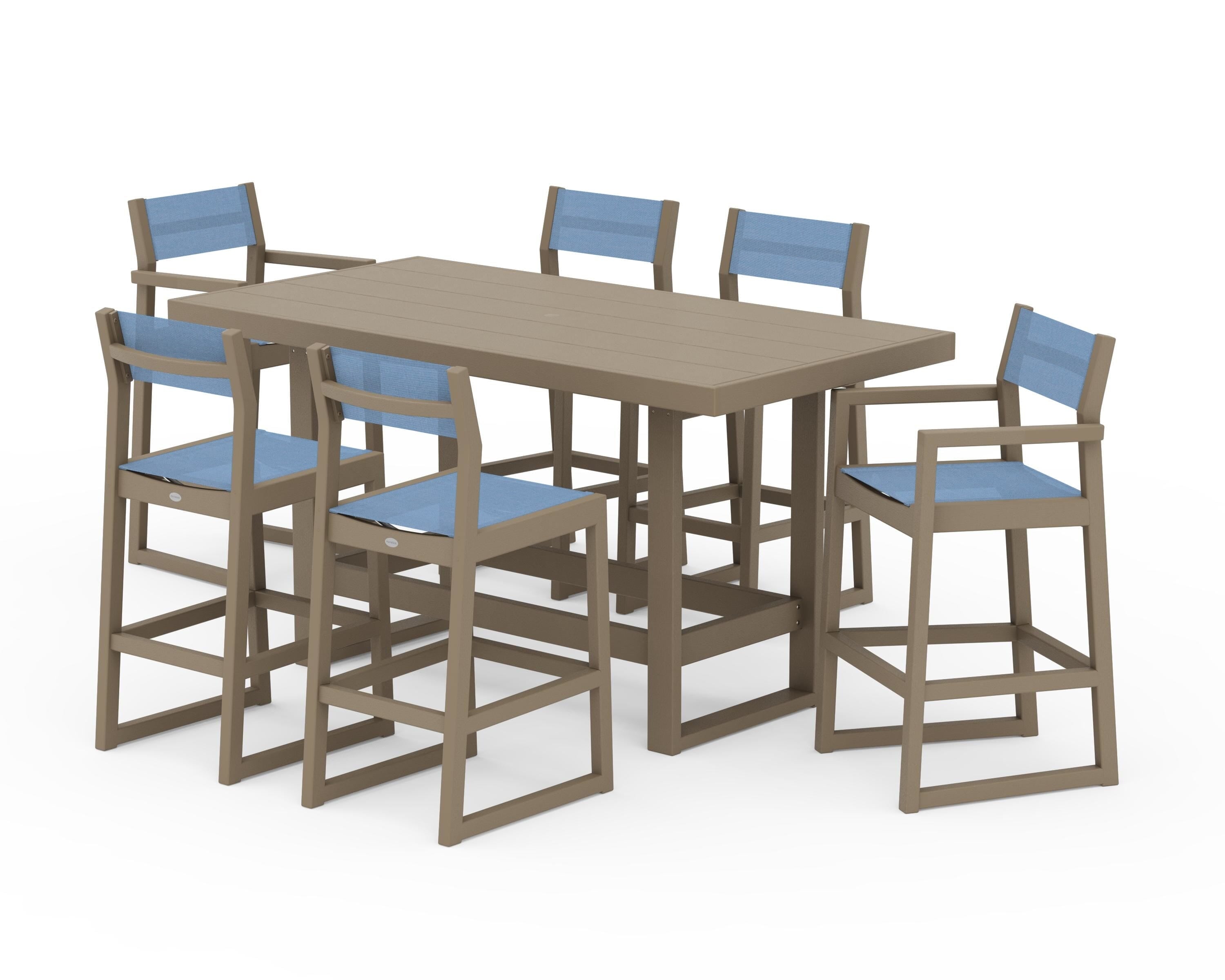 POLYWOOD EDGE Sling 7-Piece Bar Table Set in Vintage Sahara / Poolside Sling