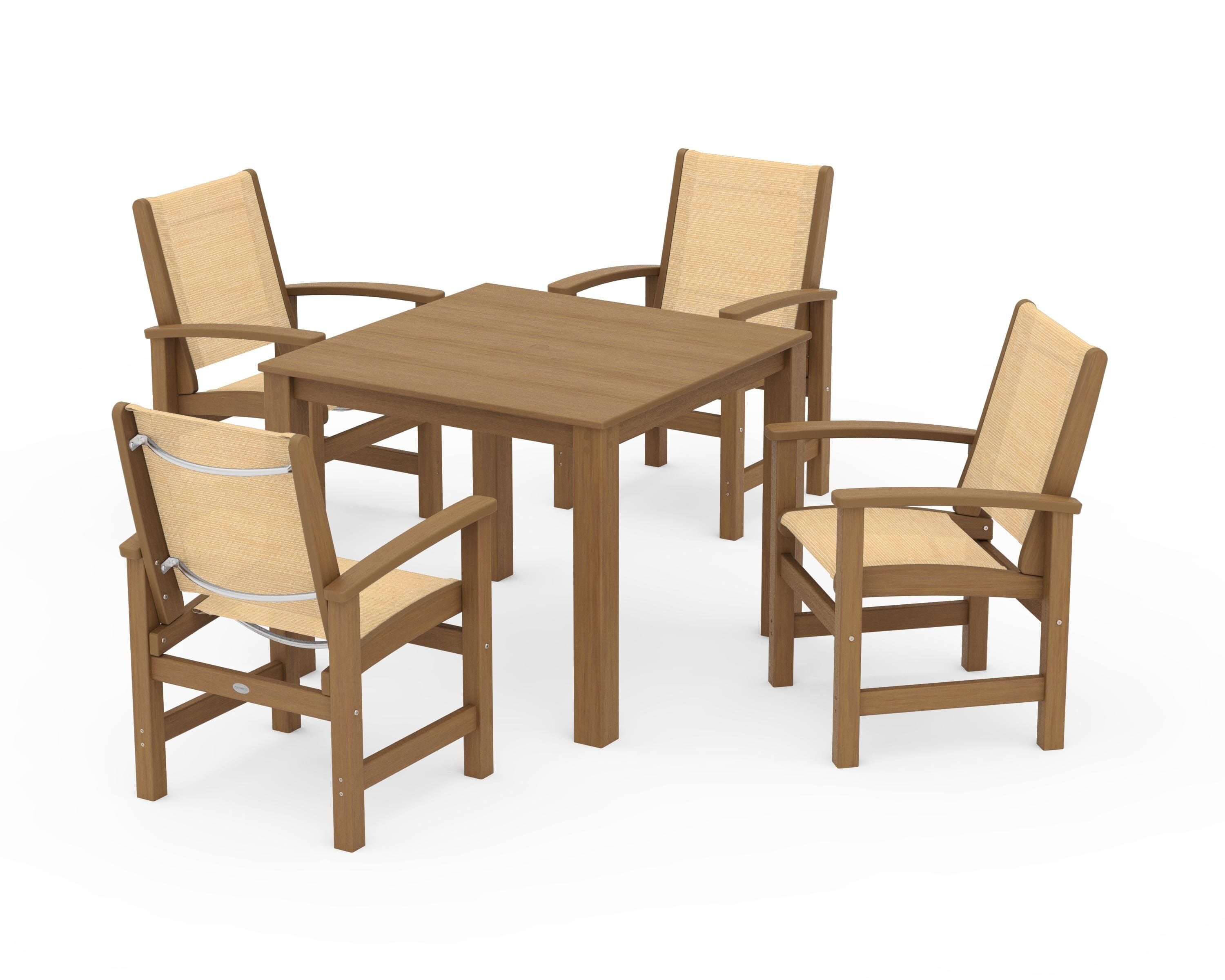 POLYWOOD Coastal 5-Piece Parsons Dining Set in Natural / Dupioni Apricot Sling