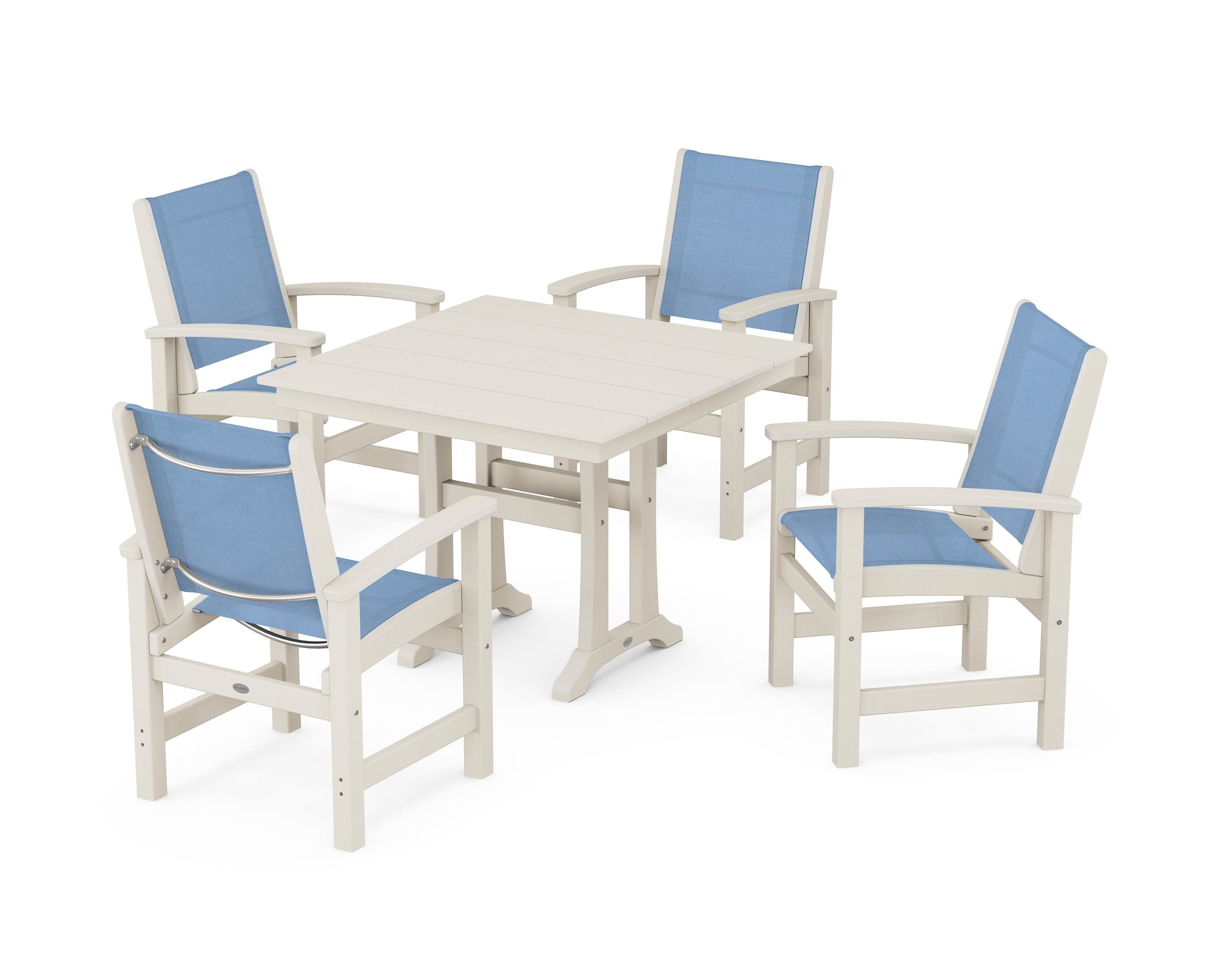 POLYWOOD Coastal 5-Piece Farmhouse Dining Set With Trestle Legs in Sand / Poolside Sling