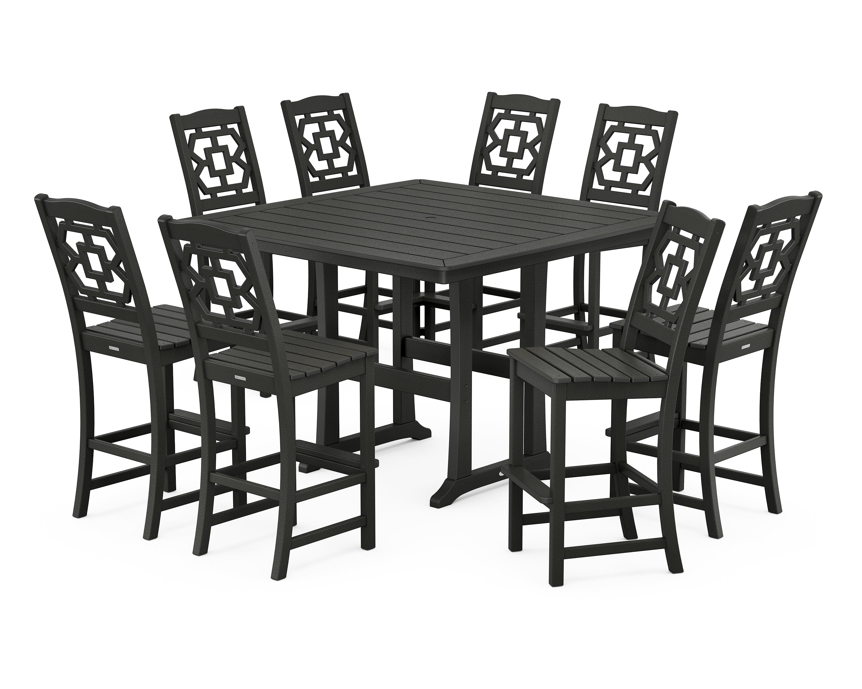 Martha Stewart by POLYWOOD® Chinoiserie 9-Piece Square Side Chair Bar Set with Trestle Legs in Black
