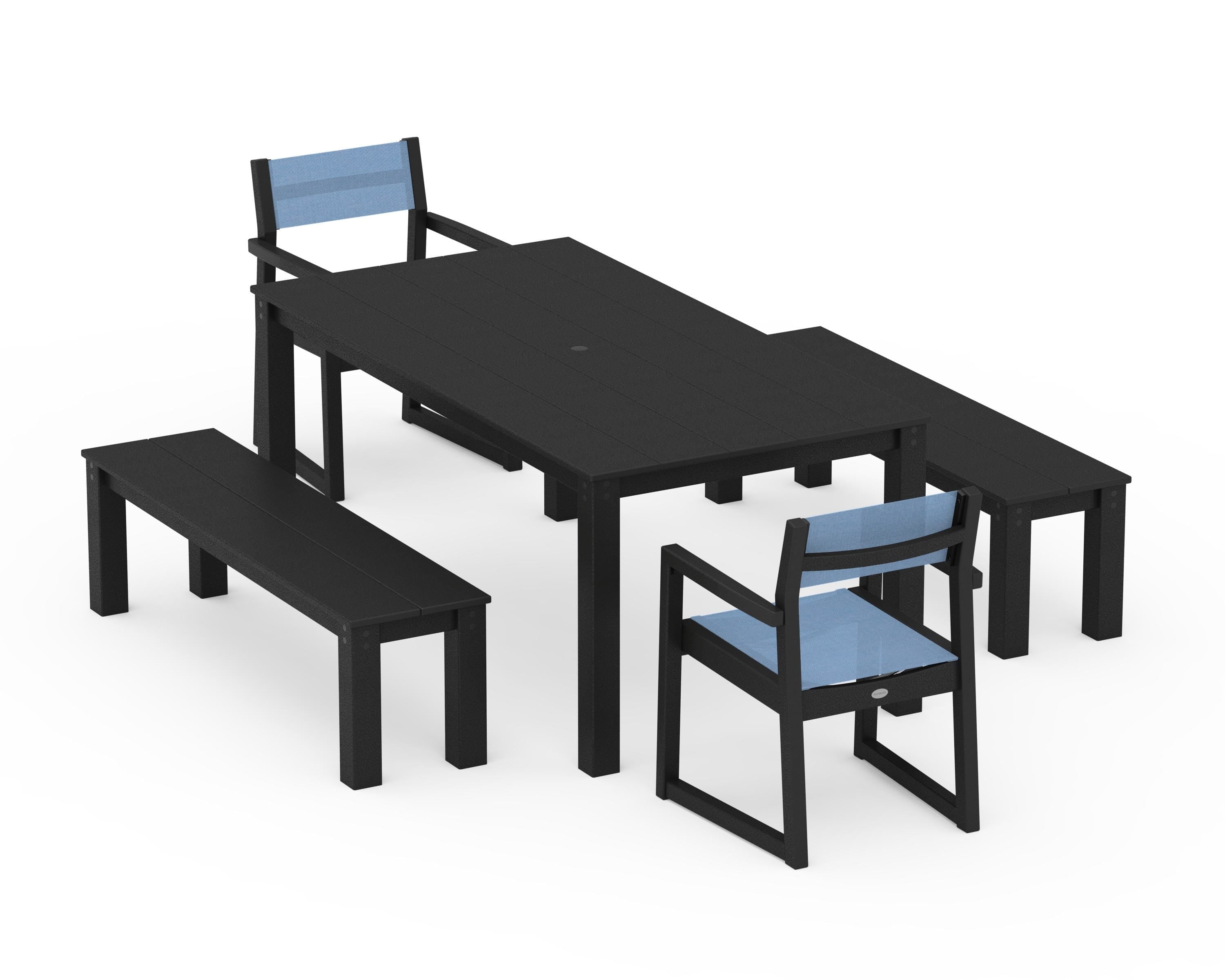POLYWOOD EDGE Sling Arm Chair 5-Piece Parsons Dining Set with Benches in Black / Poolside Sling