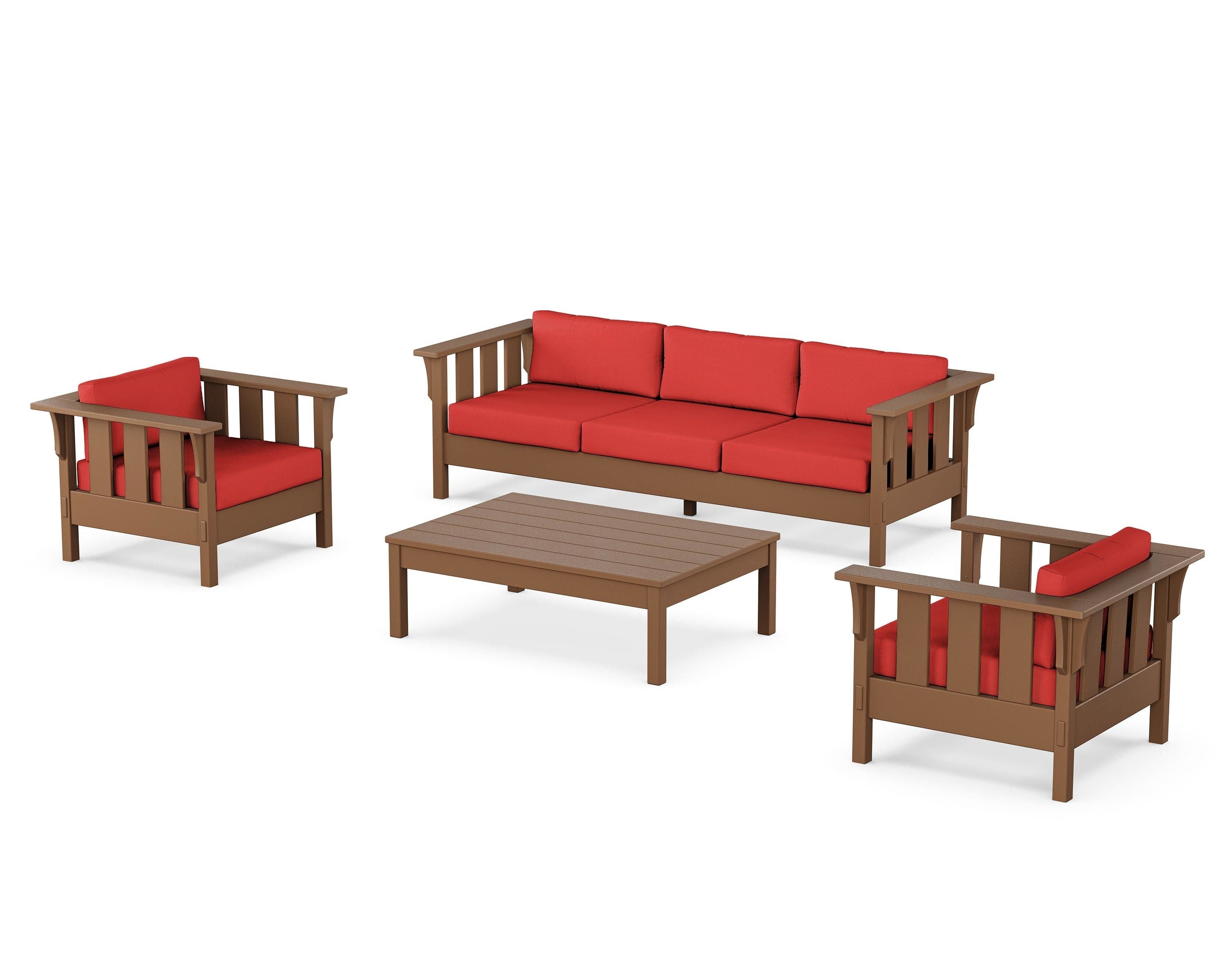 Martha Stewart by POLYWOOD Acadia 4-Piece Deep Seating Set with Sofa in Teak / Crimson Linen