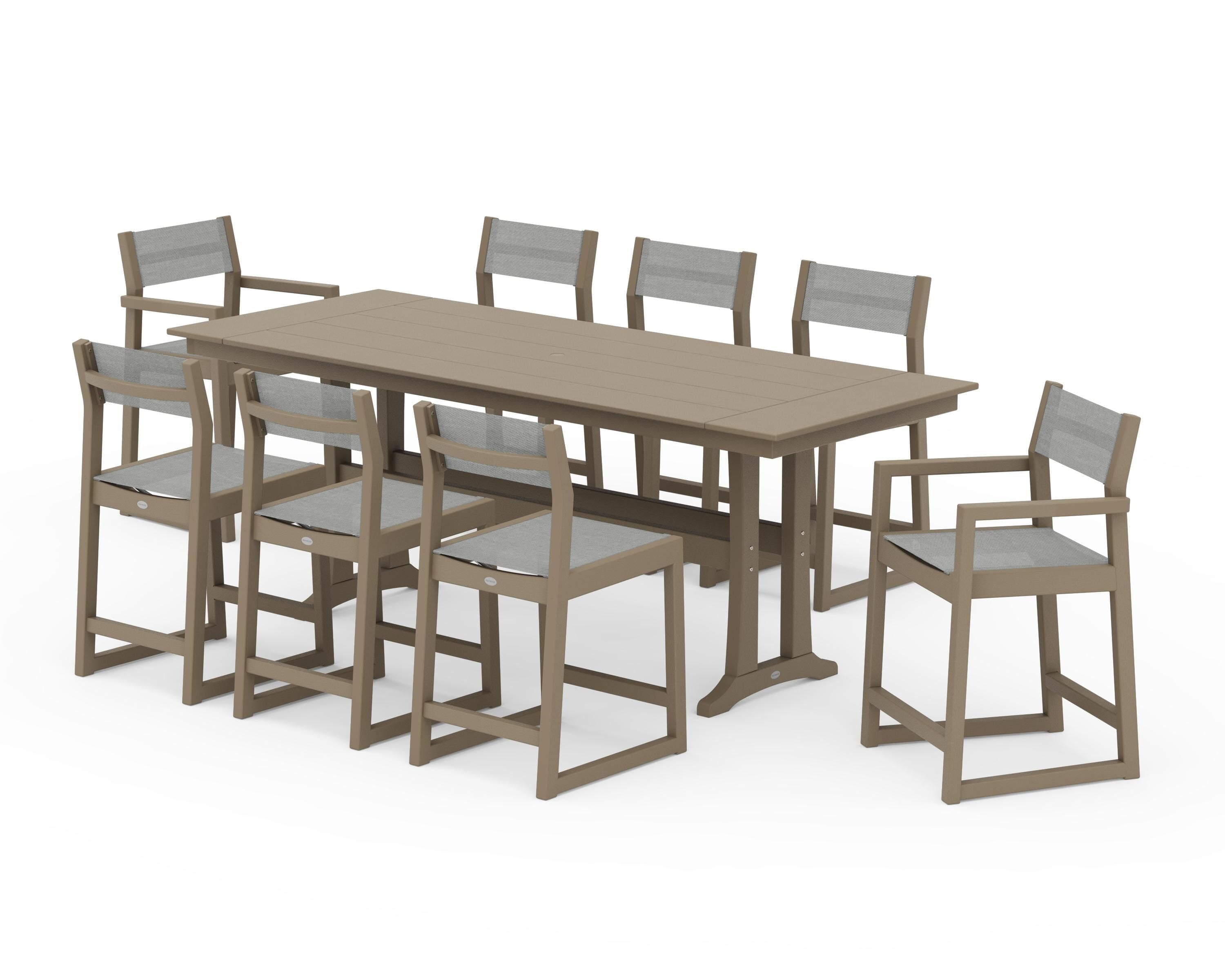 POLYWOOD EDGE Sling 9-Piece Farmhouse Counter Set with Trestle Legs in Vintage Sahara / Metallic Sling