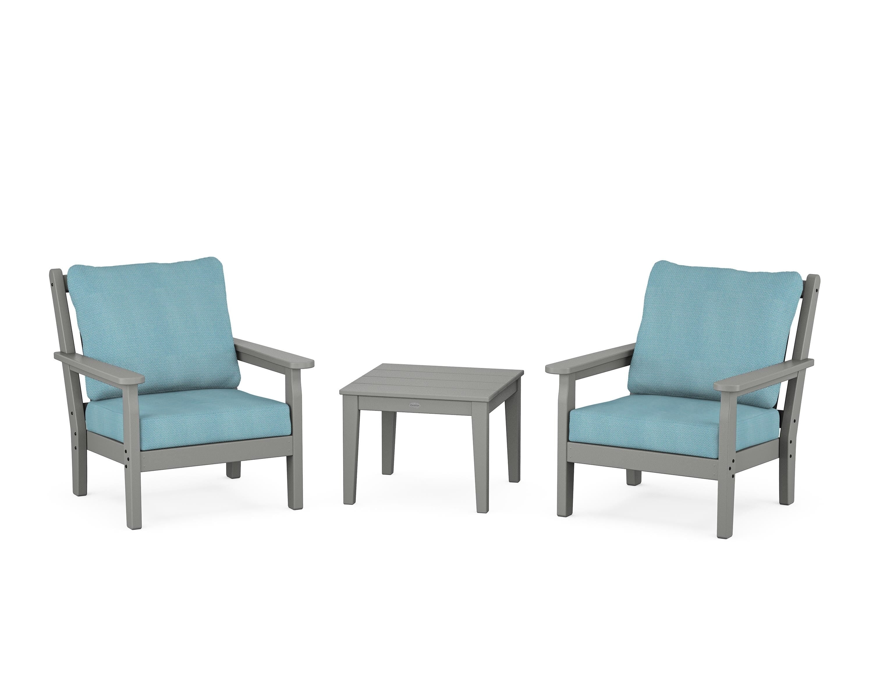 POLYWOOD Chippendale 3-Piece Deep Seating Set in Slate Grey / Lattice Sky Blue