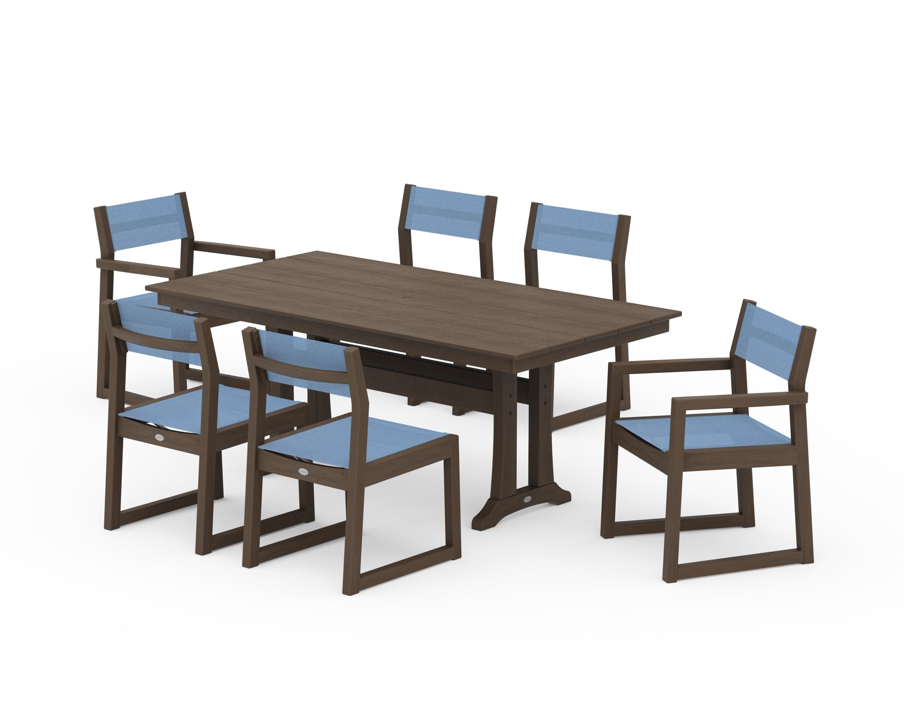 POLYWOOD EDGE Sling 7-Piece Farmhouse Trestle Dining Set in Kona / Poolside Sling