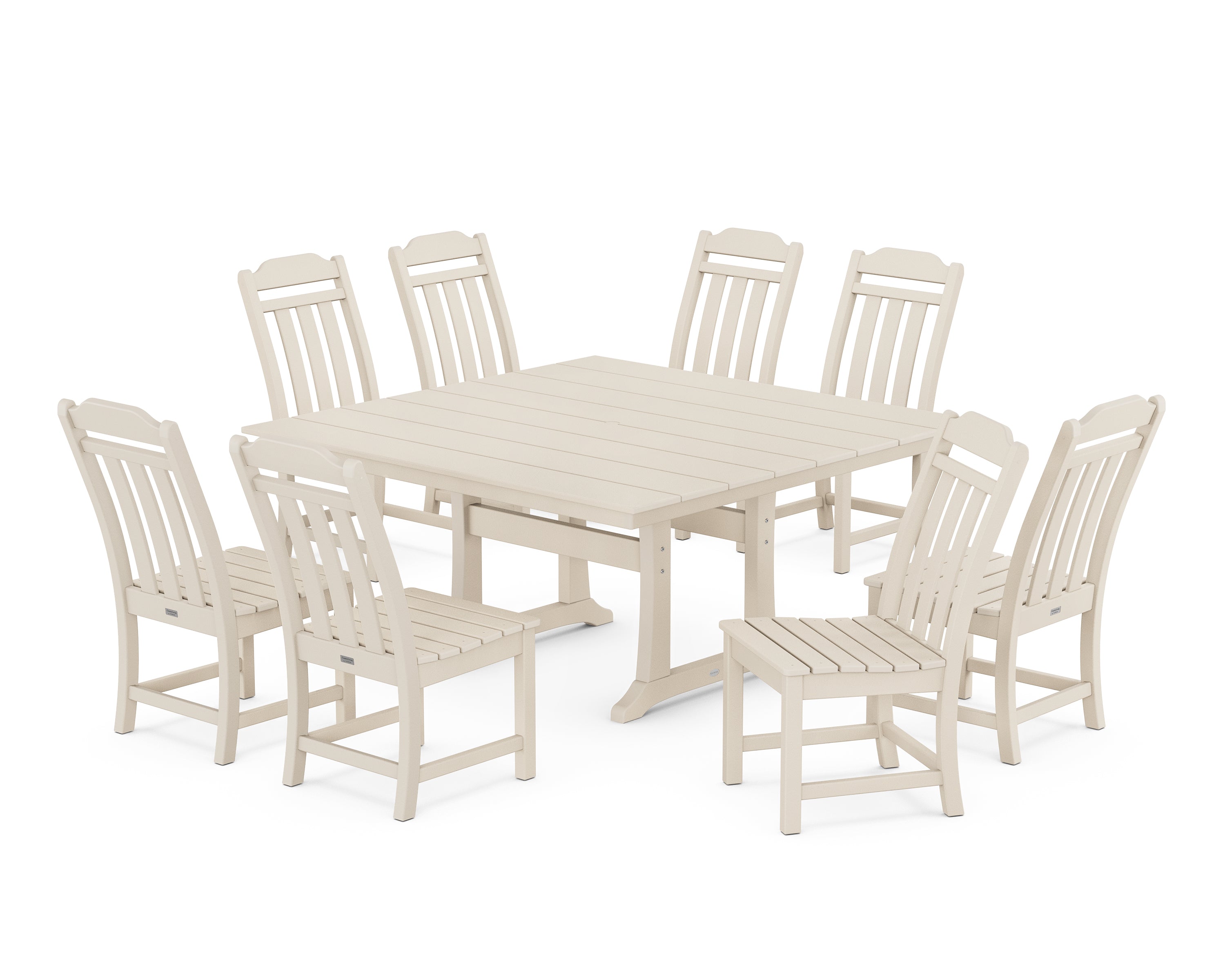 Polywood Country Living 9-Piece Square Farmhouse Side Chair Dining Set with Trestle Legs in Sand