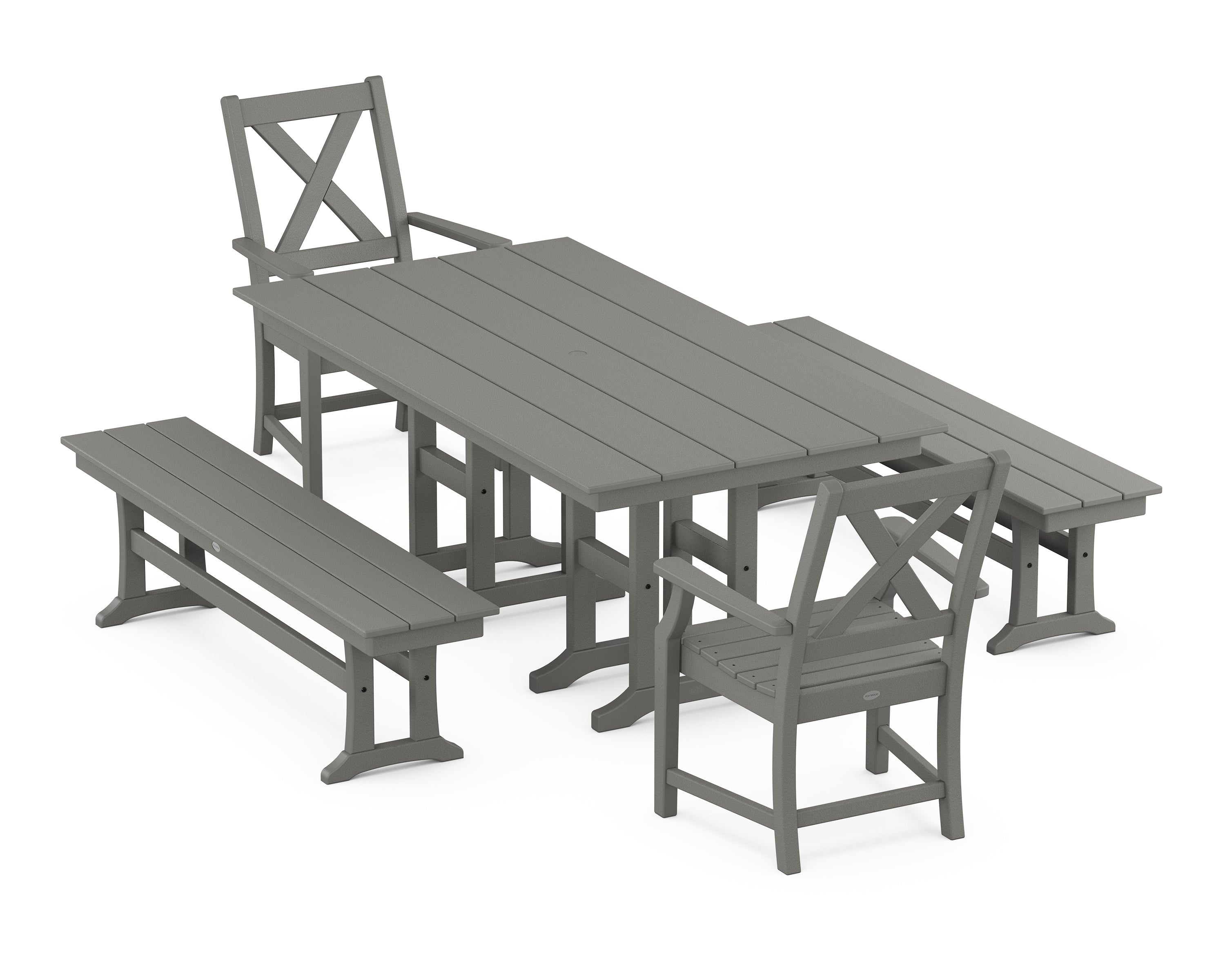 POLYWOOD® Braxton 5-Piece Farmhouse Dining Set with Benches in Slate Grey