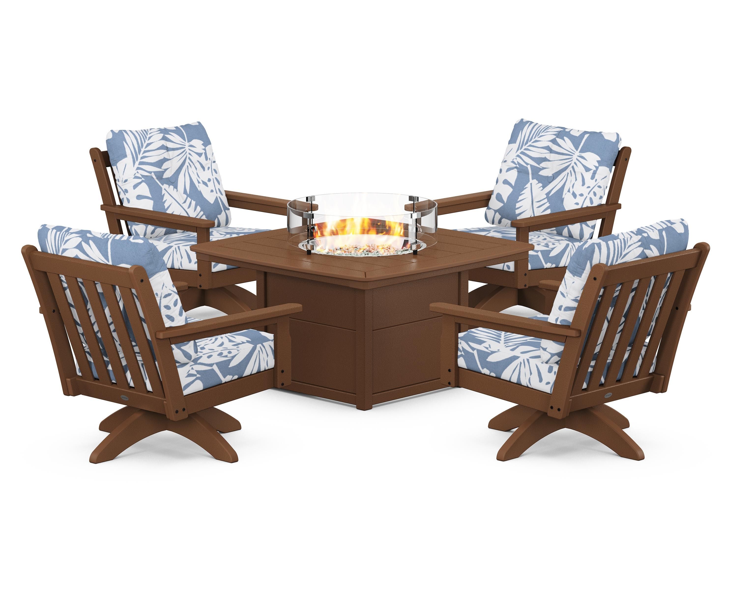 POLYWOOD Vineyard 5-Piece Deep Seating Swivel Conversation Set with Fire Pit Table in Teak / Leaf Sky Blue