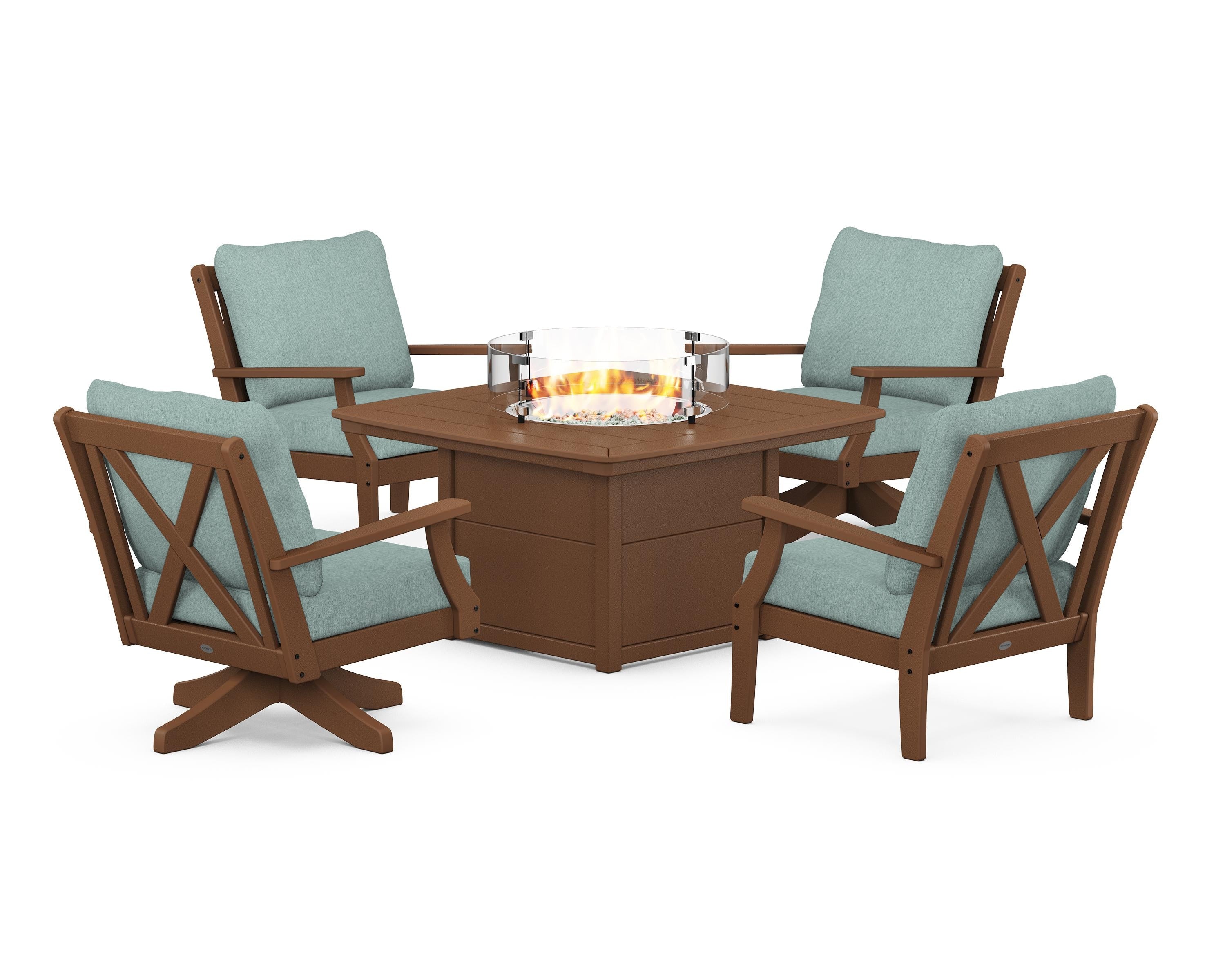 POLYWOOD Braxton 5-Piece Deep Seating Set with Fire Table in Teak / Glacier Spa