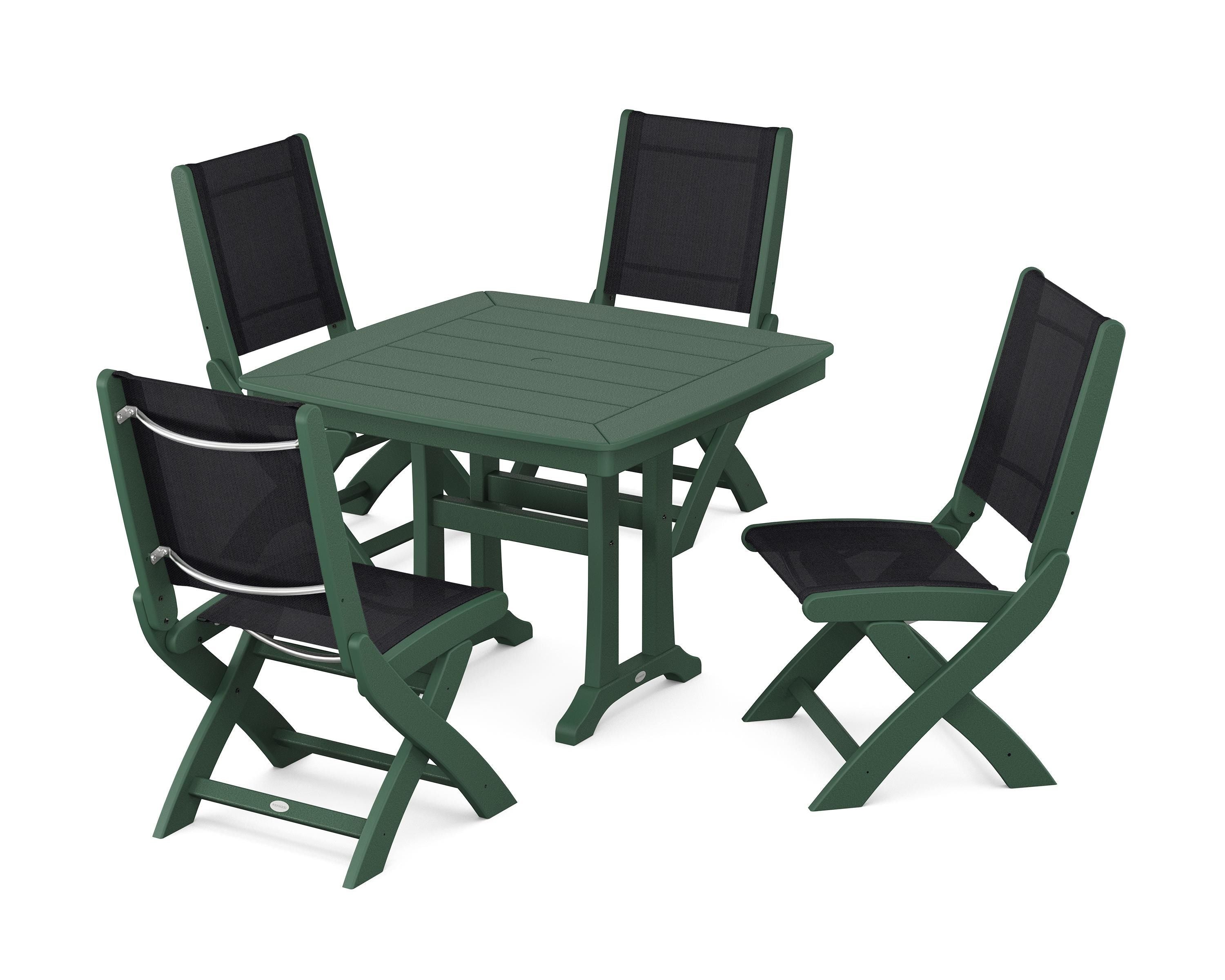POLYWOOD Coastal Folding Side Chair 5-Piece Dining Set with Trestle Legs in Green / Black Sling