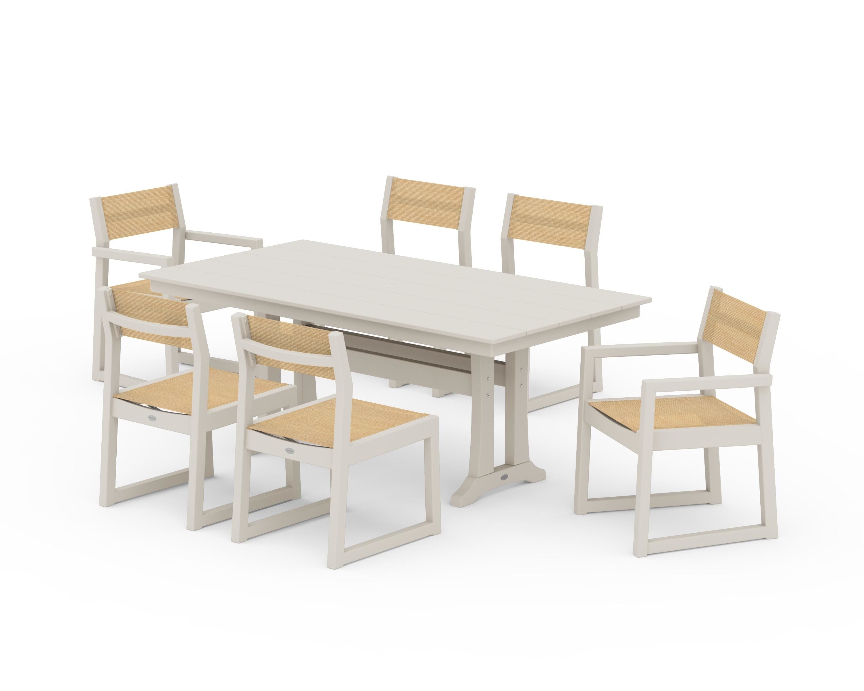 POLYWOOD EDGE Sling 7-Piece Farmhouse Trestle Dining Set in Sand / Dupioni Apricot Sling