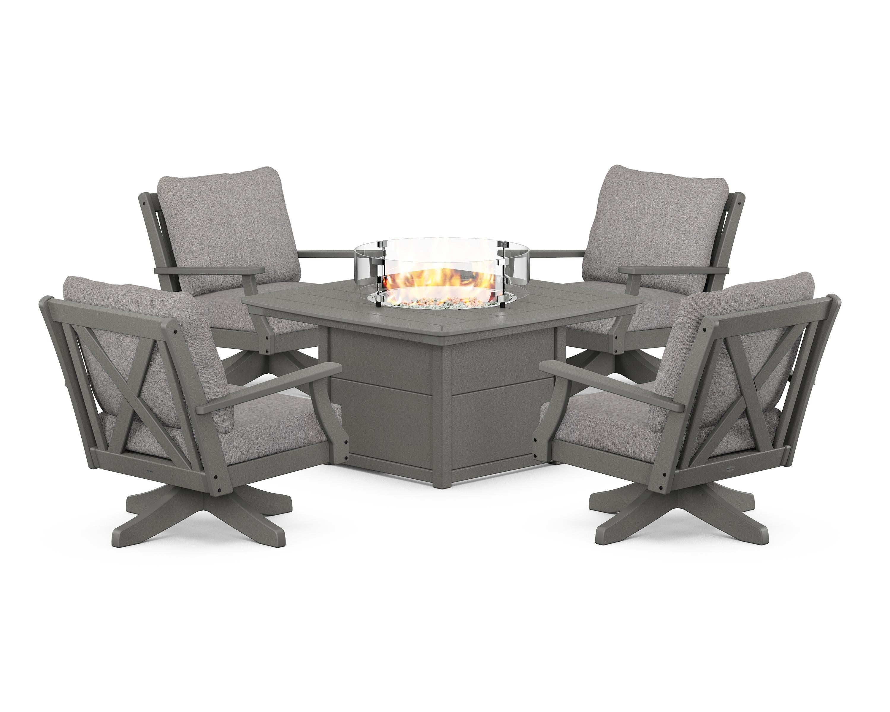 POLYWOOD Braxton 5-Piece Deep Seating Swivel Conversation Set with Fire Pit Table in Slate Grey / Grey Mist