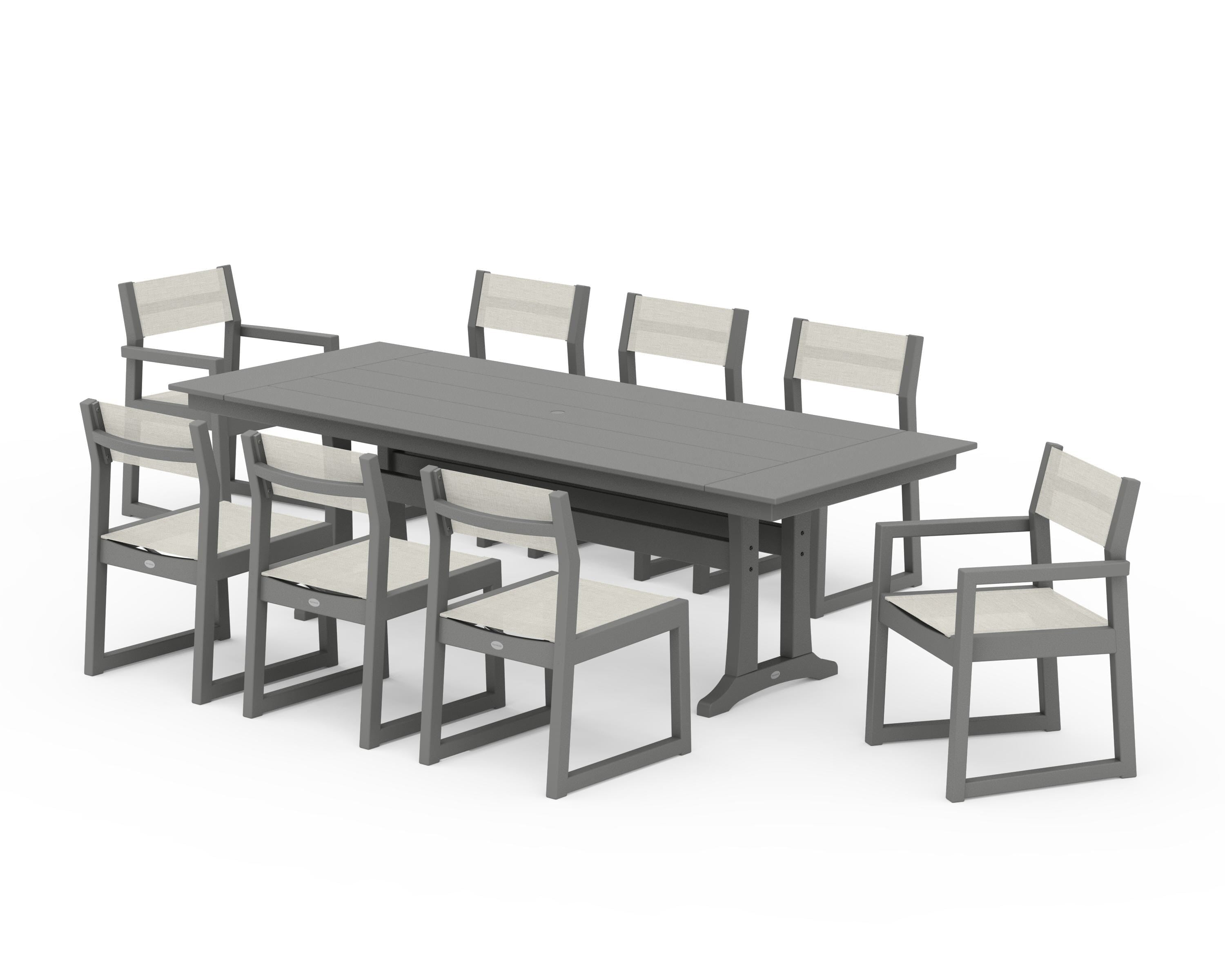 POLYWOOD EDGE Sling 9-Piece Farmhouse Trestle Dining Set in Slate Grey / Parchment Sling