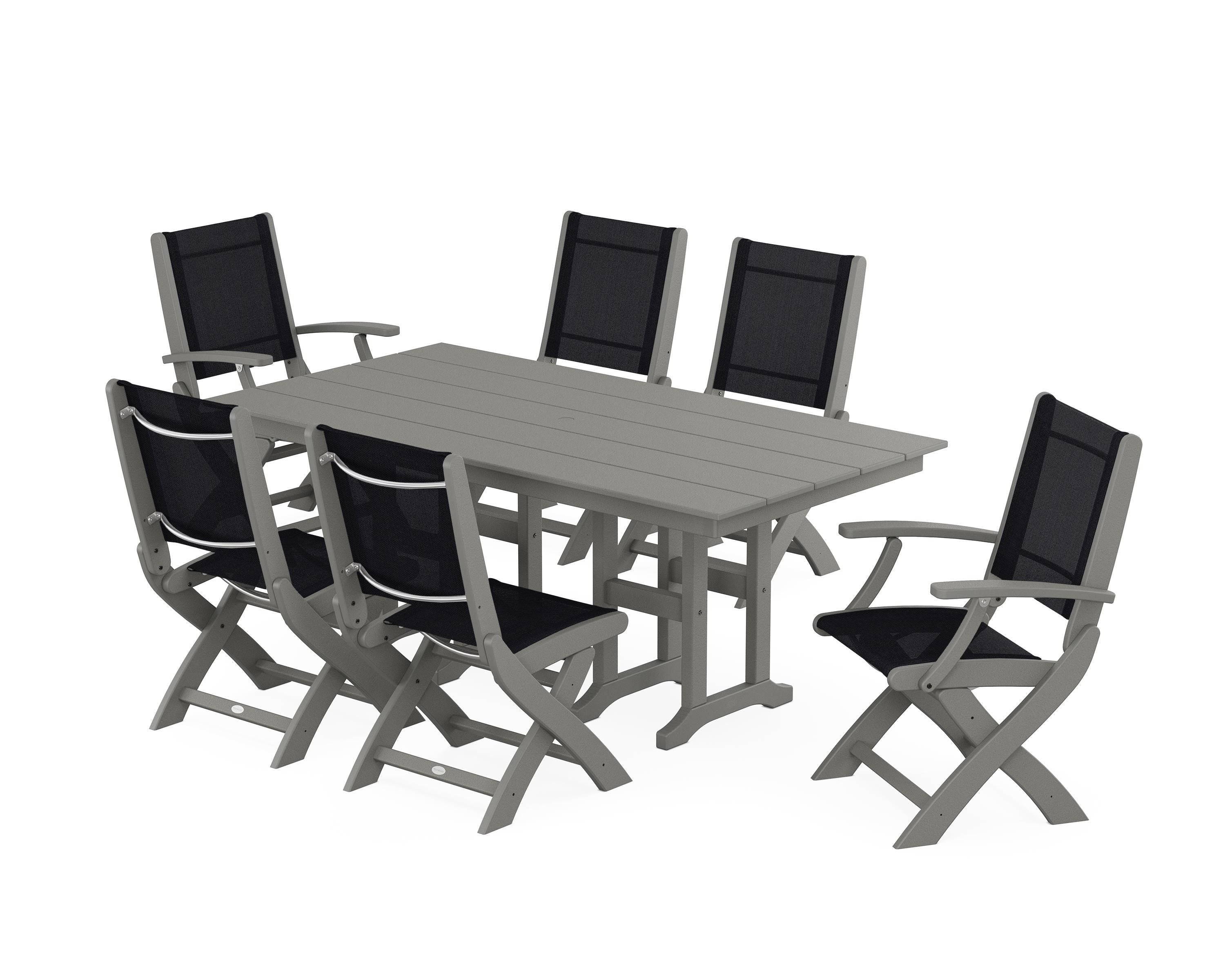 POLYWOOD Coastal Folding Chair 7-Piece Farmhouse Dining Set in Slate Grey / Black Sling