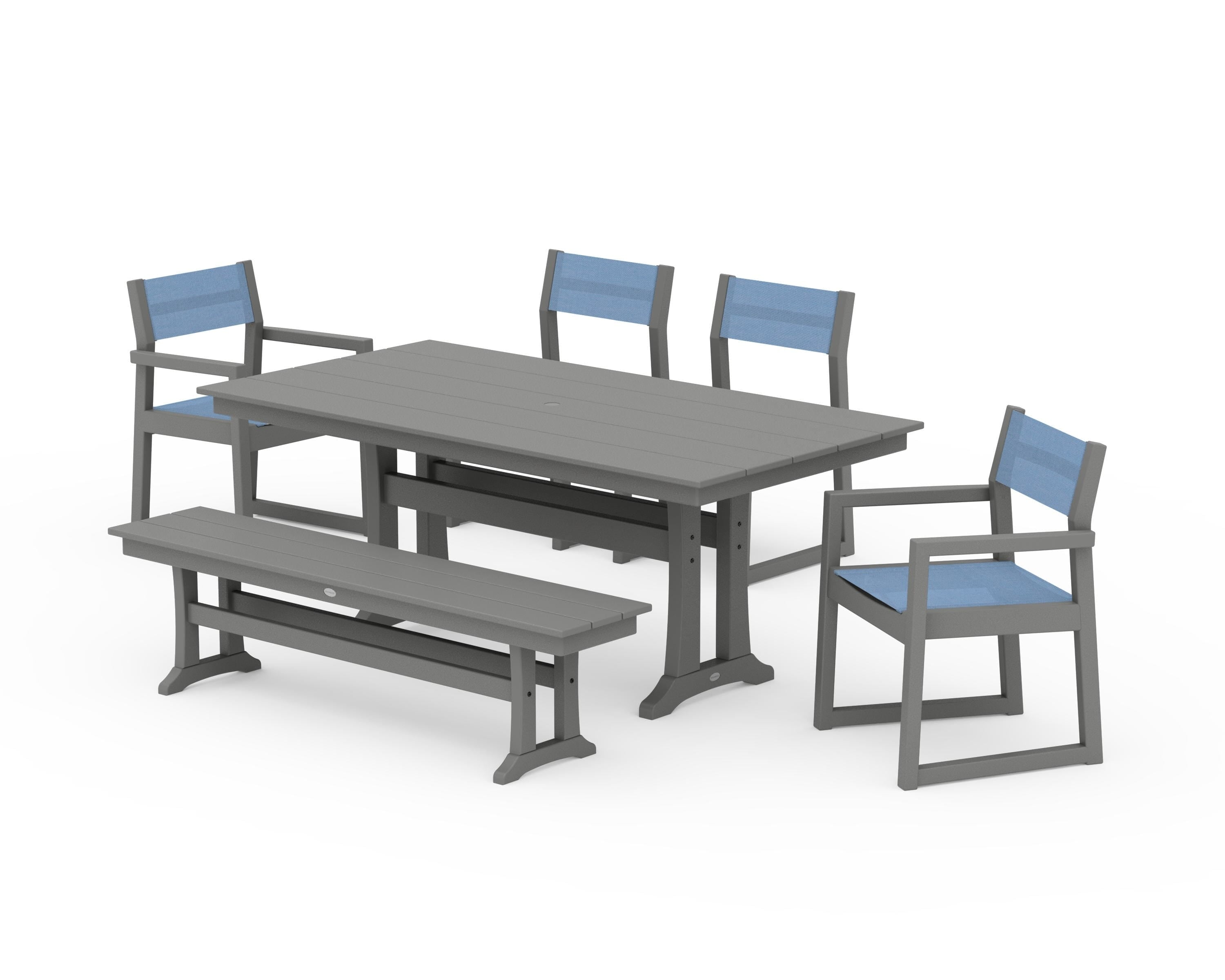 POLYWOOD EDGE Sling 6-Piece Farmhouse Dining Set With Trestle Legs in Slate Grey / Poolside Sling