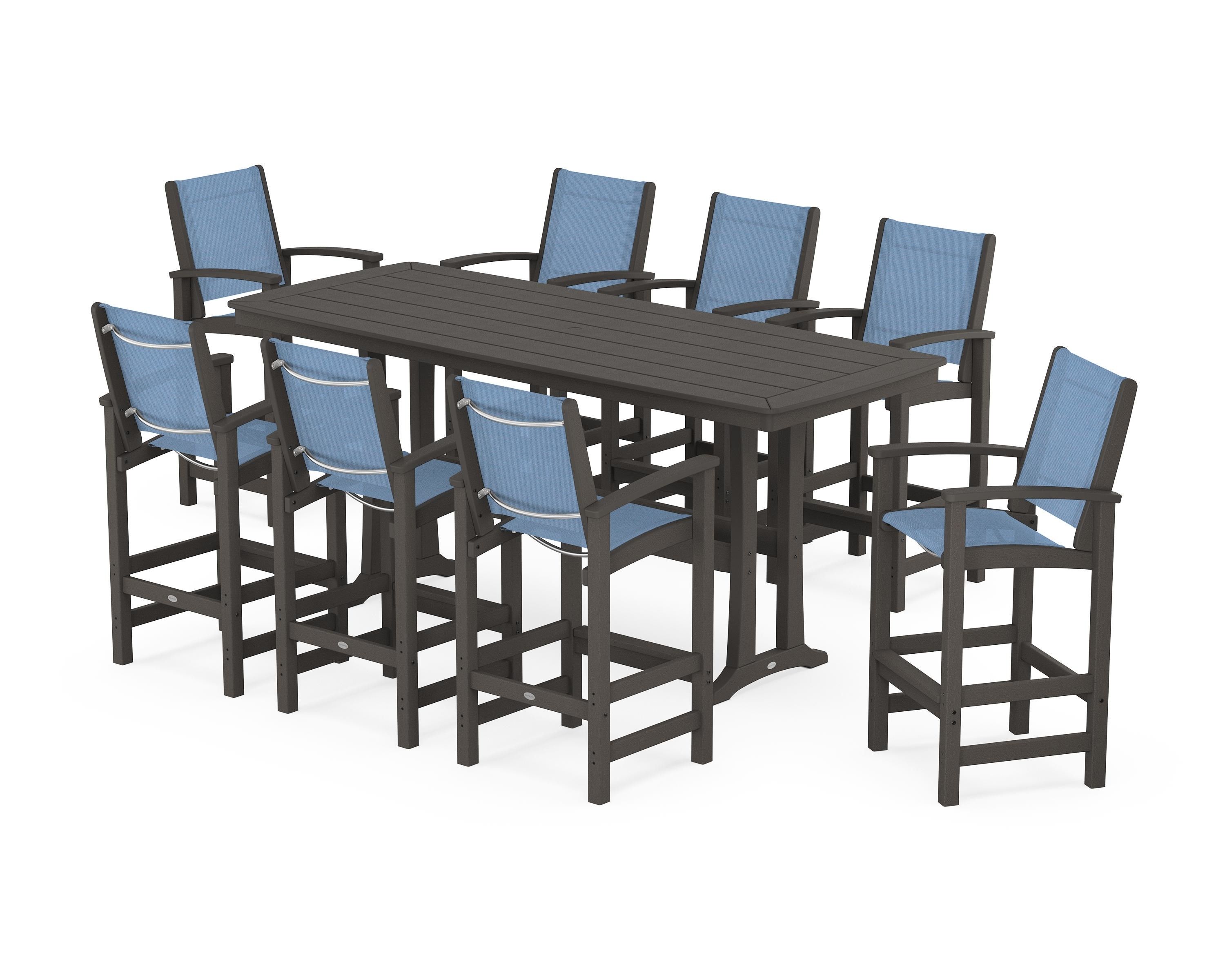 POLYWOOD Coastal 9-Piece Bar Set with Trestle Legs in Vintage Coffee / Poolside Sling