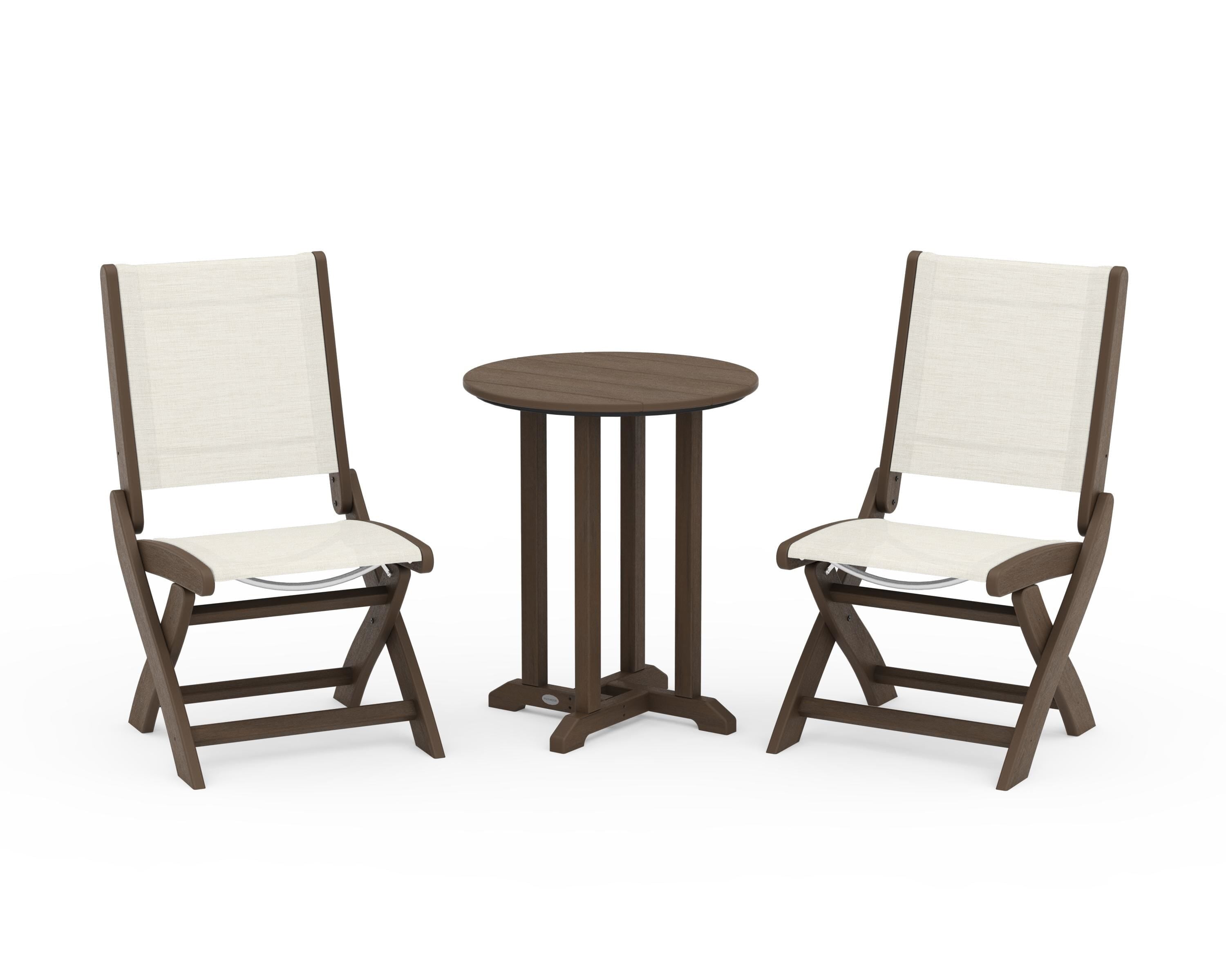 POLYWOOD Coastal Folding Side Chair 3-Piece Round Bistro Dining Set in Kona / Parchment Sling