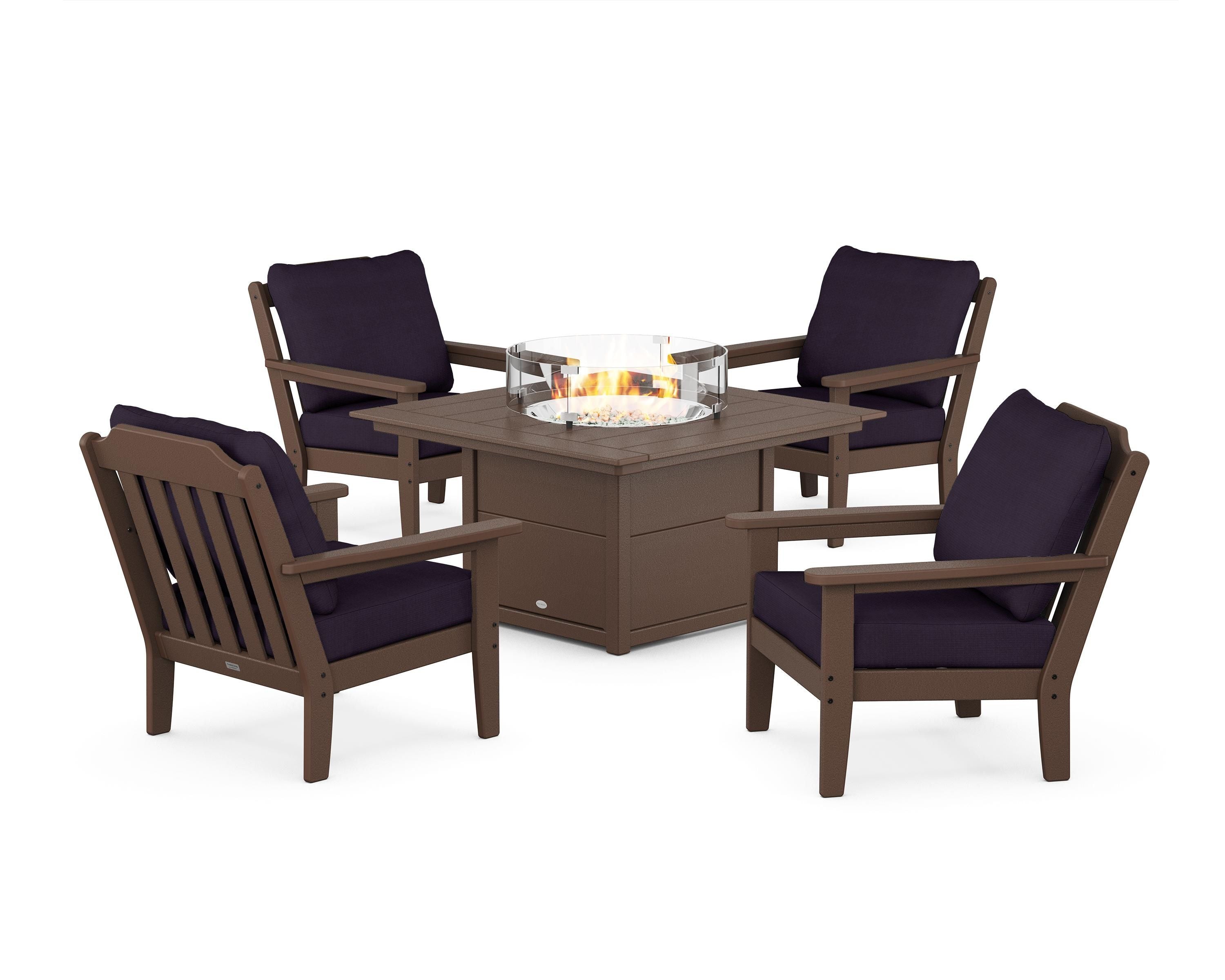 Country Living Cottage 5-Piece Deep Seating Set with Fire Pit Table in Mahogany / Navy Linen