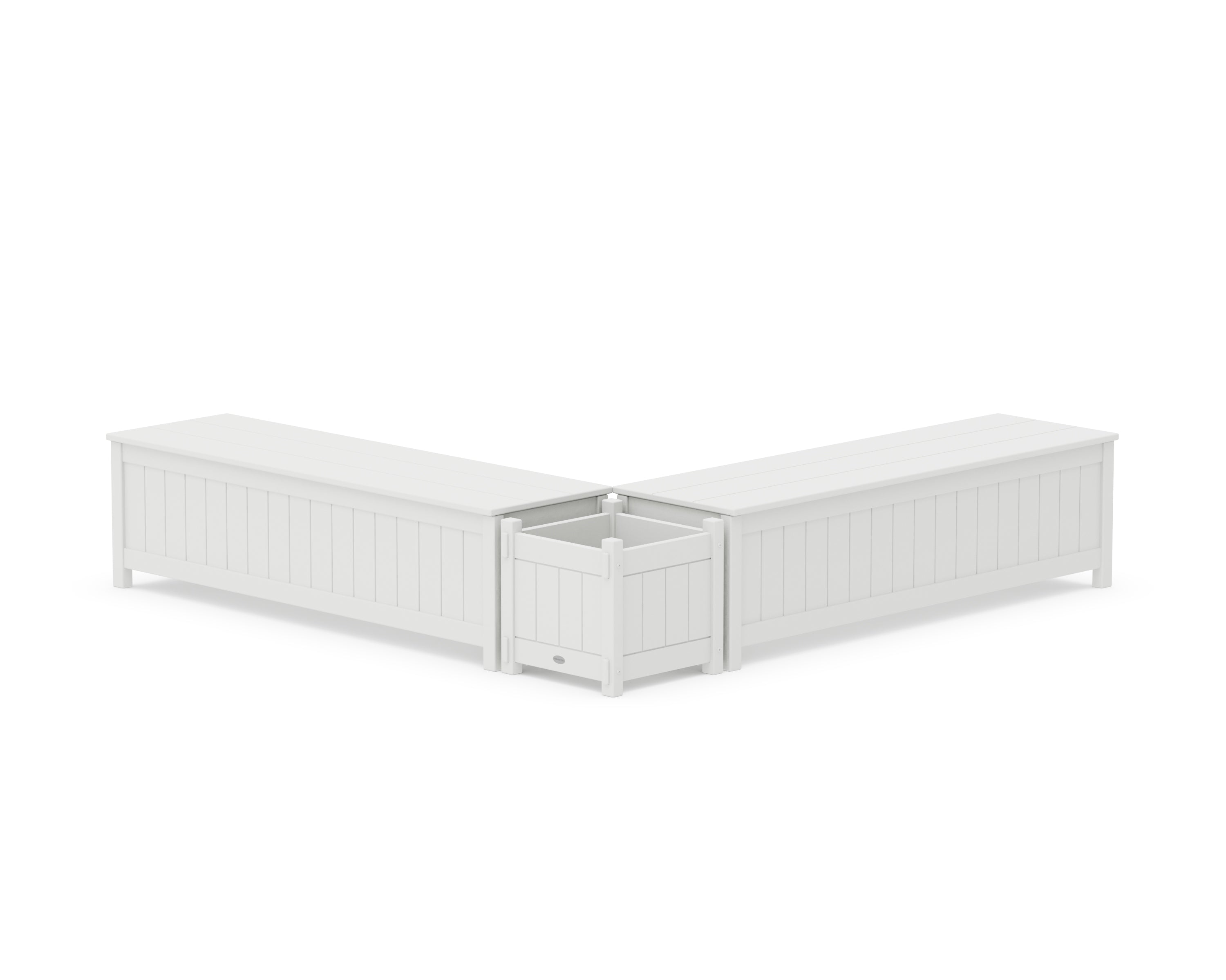 POLYWOOD 60" Vineyard L- Shaped Planter Storage Bench Set in White