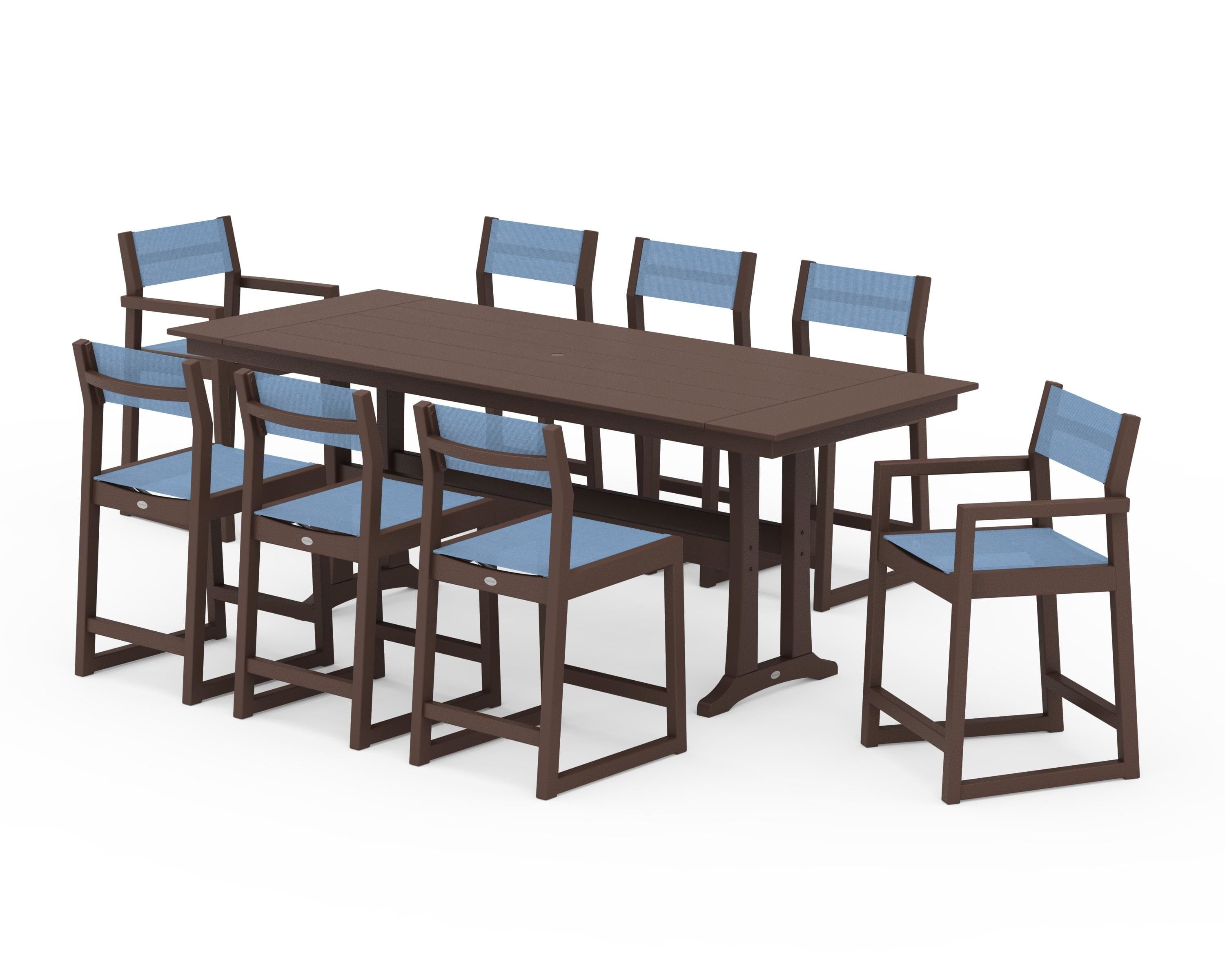 POLYWOOD EDGE Sling 9-Piece Farmhouse Counter Set with Trestle Legs in Mahogany / Poolside Sling
